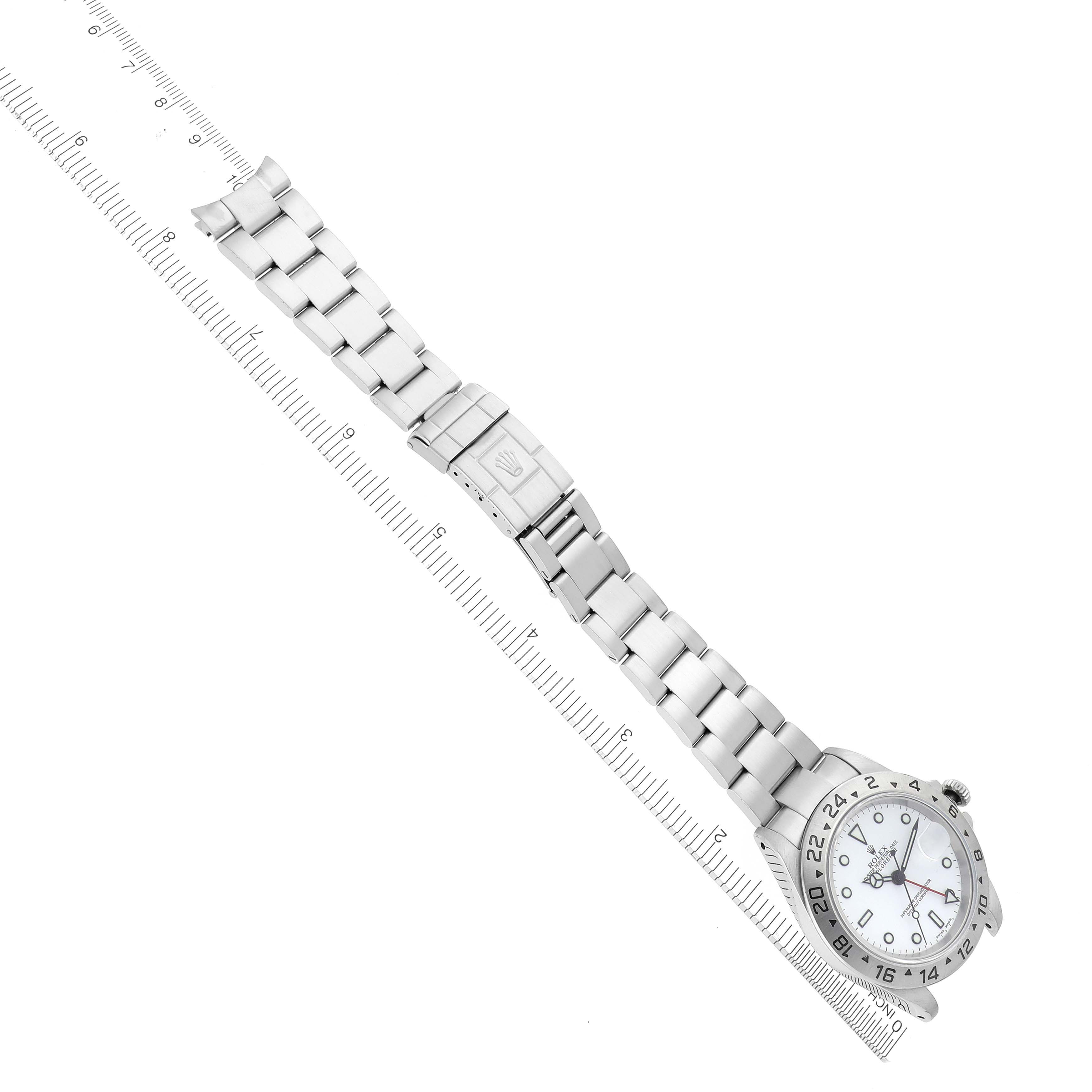 The Rolex Explorer 16570 Men's Stainless Steel White Dial 16570 Men's Stainless Steel White Dial watch is shown from an angled top view, displaying the entire bracelet, clasp, and face.