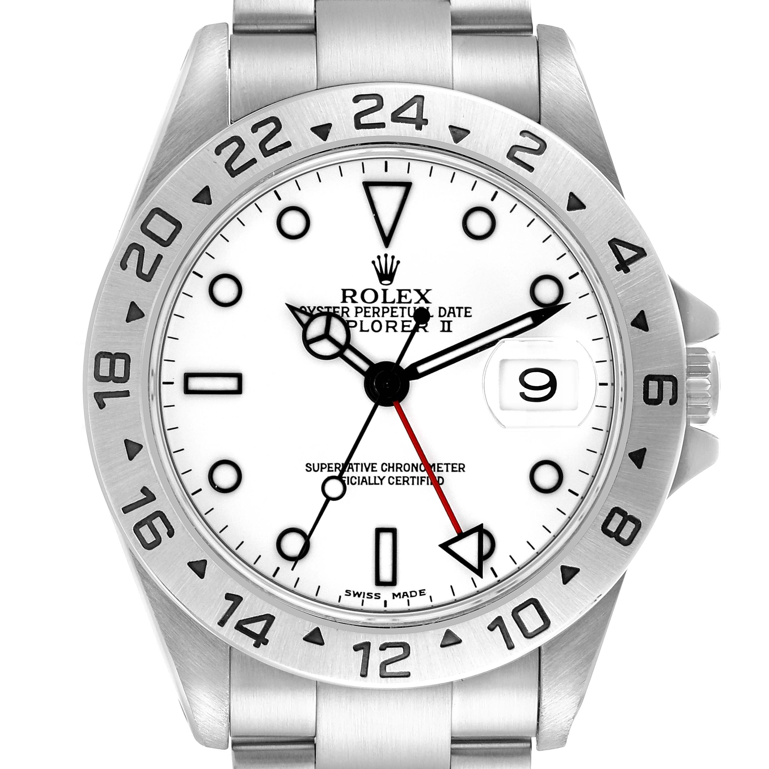 The Rolex Explorer 16570 Men's Stainless Steel White Dial 16570 Men's Stainless Steel White Dial watch is shown from a front angle, displaying the dial, bezel, and bracelet.