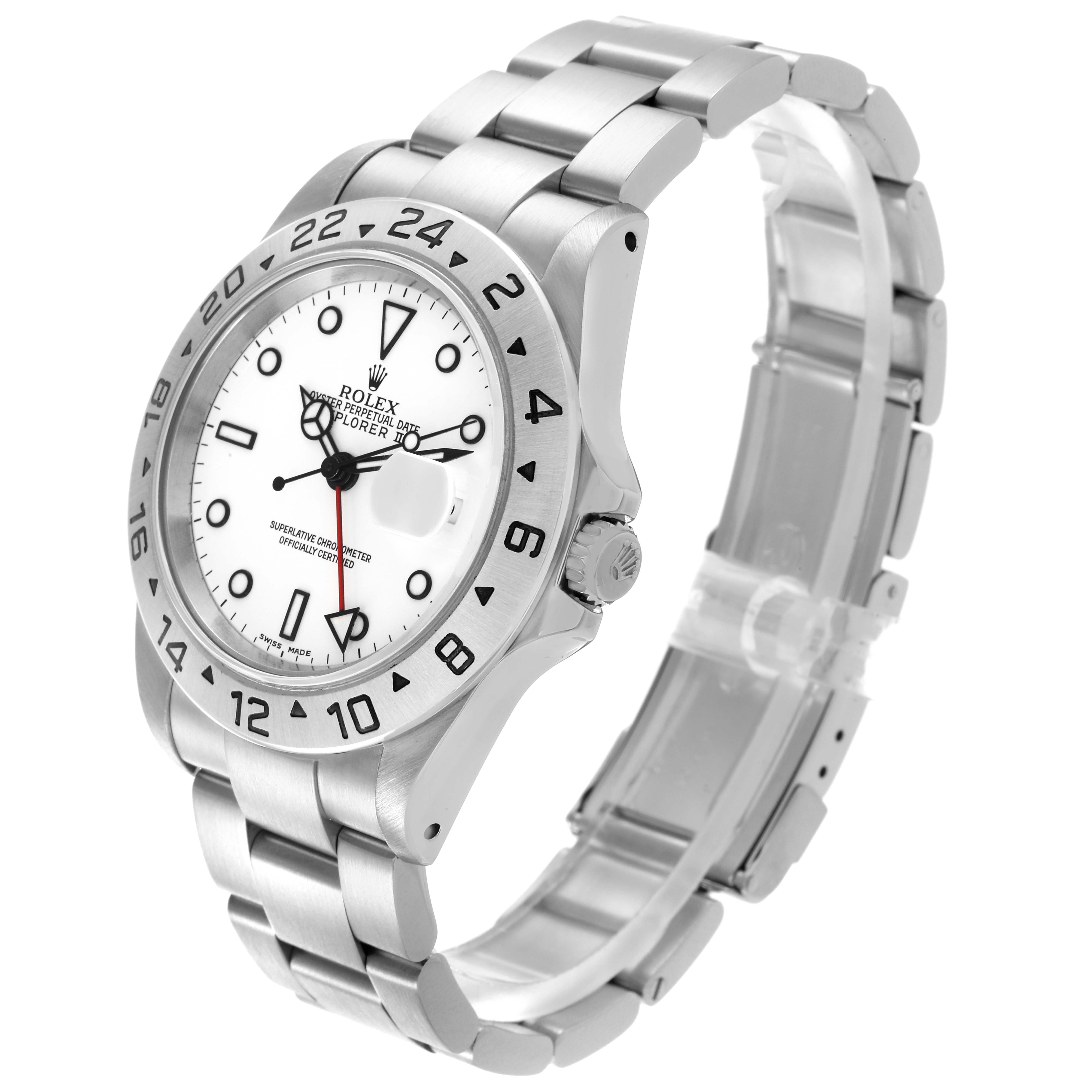 The image shows a side angle of a Rolex Explorer 16570 Men's Stainless Steel White Dial 16570 Men's Stainless Steel White Dial watch, displaying the bracelet, bezel, crown, and face details.