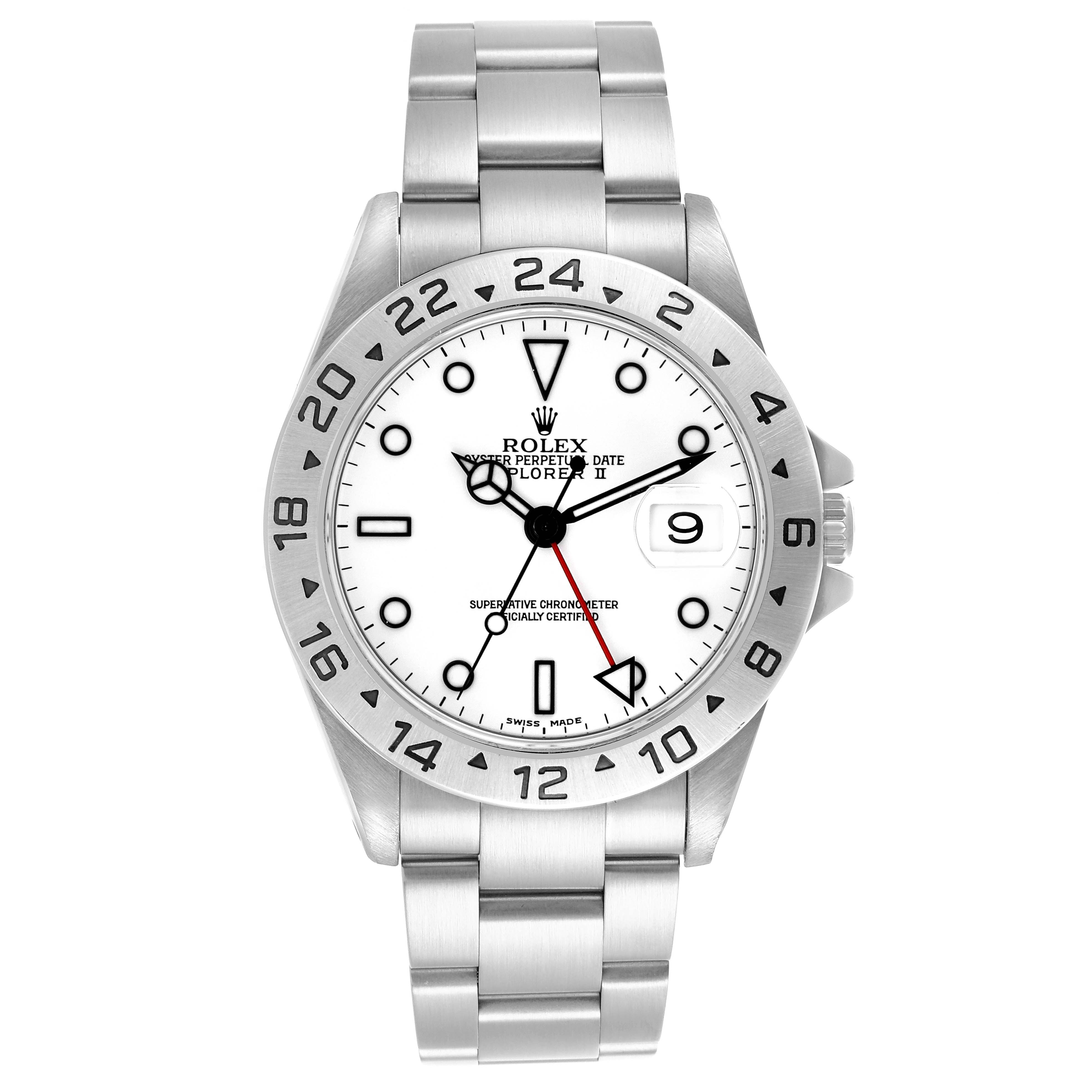 The Rolex Explorer 16570 Men's Stainless Steel White Dial 16570 Men's Stainless Steel White Dial model is shown from a front angle, displaying the dial, bezel, and stainless steel bracelet.
