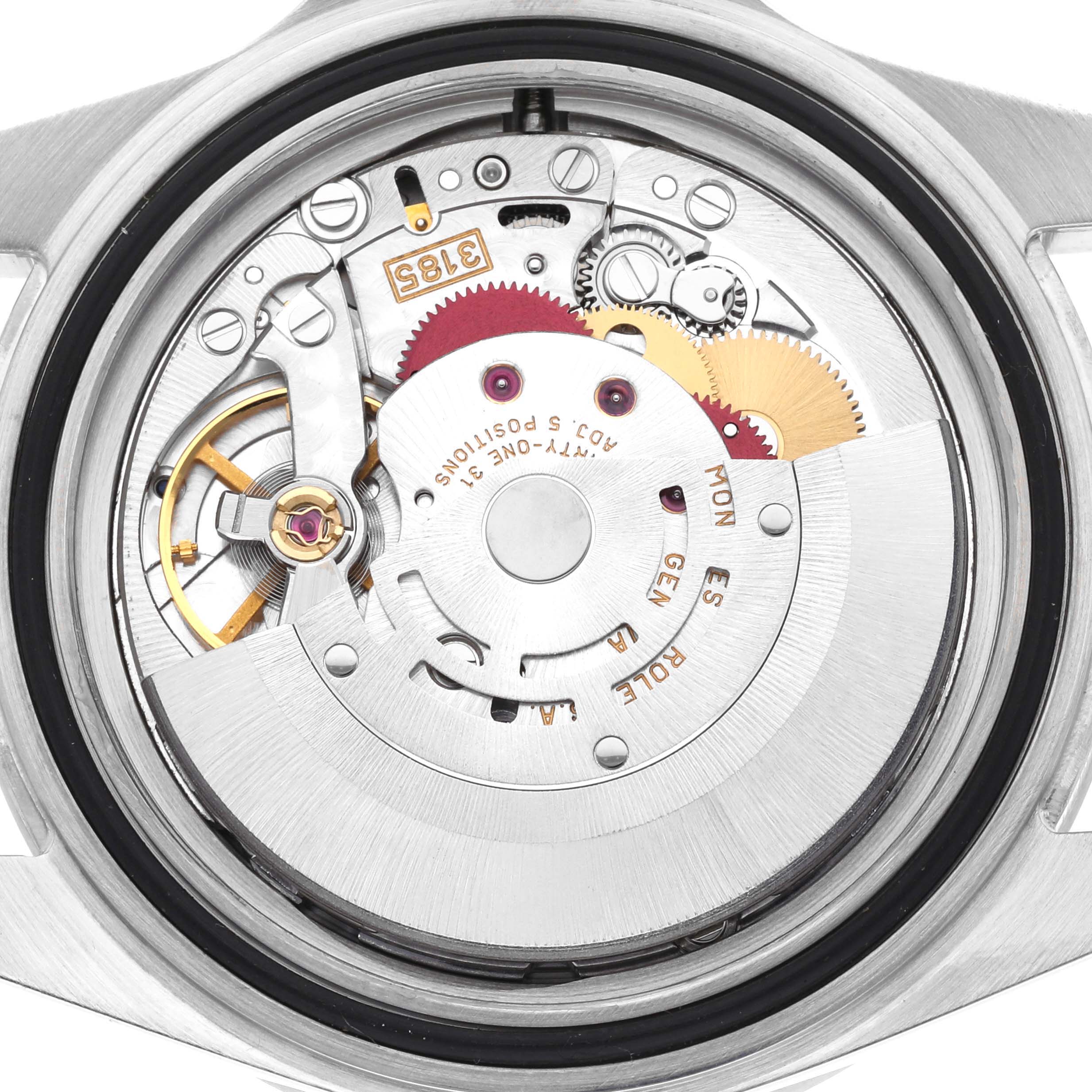 The image shows the back view of a Rolex Explorer 16570 Men's Stainless Steel White Dial 16570 Men's Stainless Steel White Dial watch, revealing its intricate movement and components.