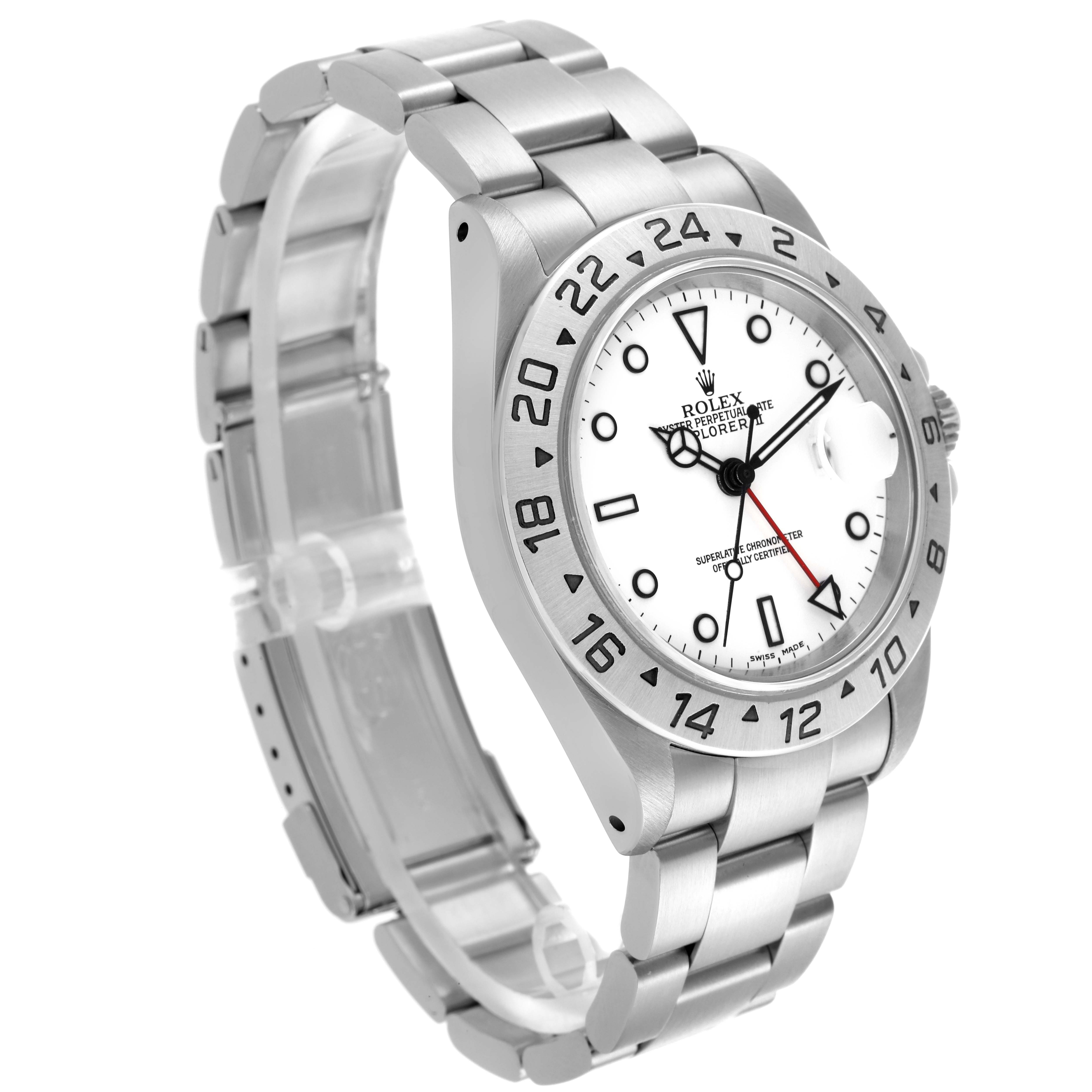 The Rolex Explorer 16570 Men's Stainless Steel White Dial 16570 Men's Stainless Steel White Dial watch is shown at a three-quarter angle, highlighting its face, bezel, and metal bracelet.