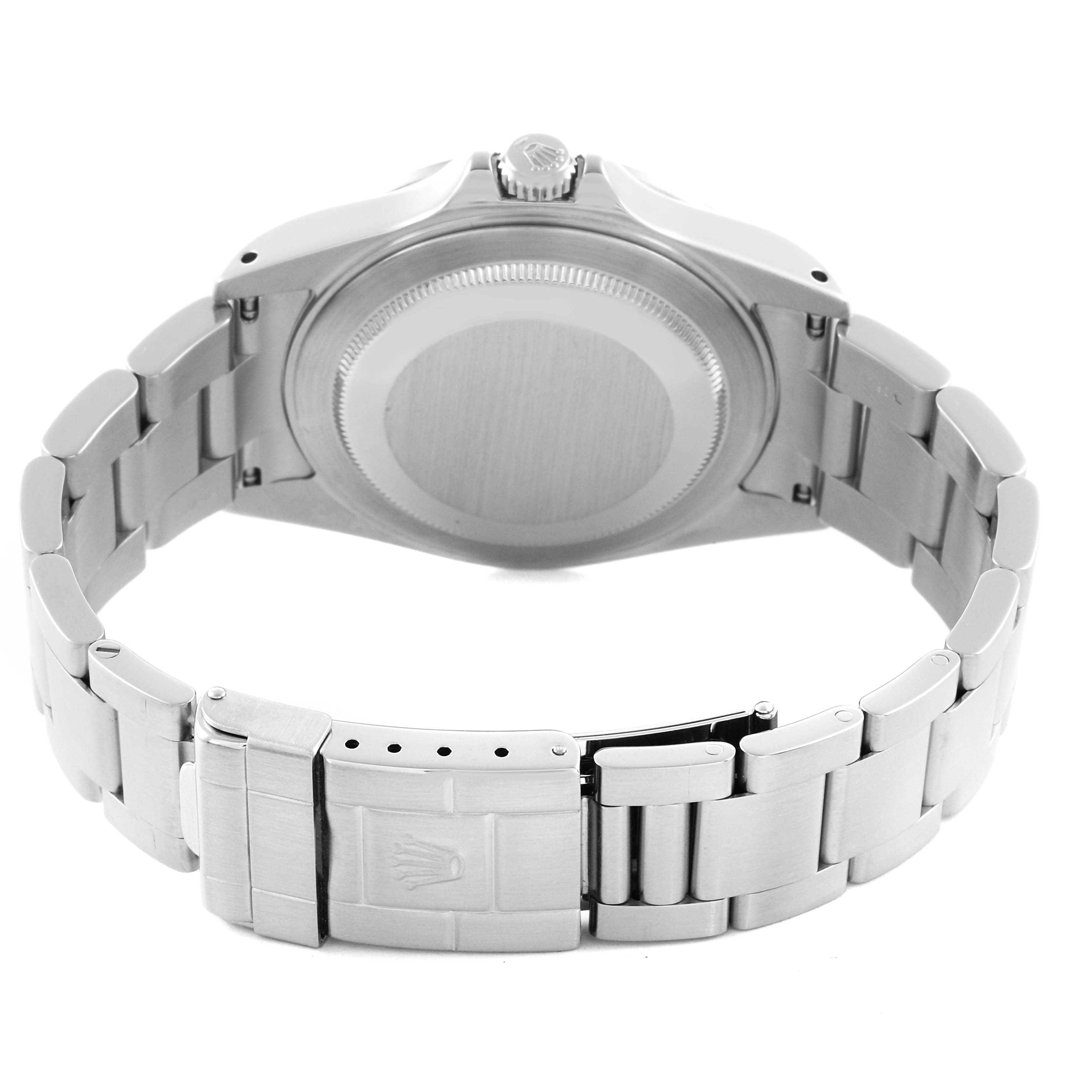 The image shows the back view of a Rolex Explorer 16570 Men's Stainless Steel White Dial 16570 Men's Stainless Steel White Dial, highlighting its case back and bracelet with clasp.