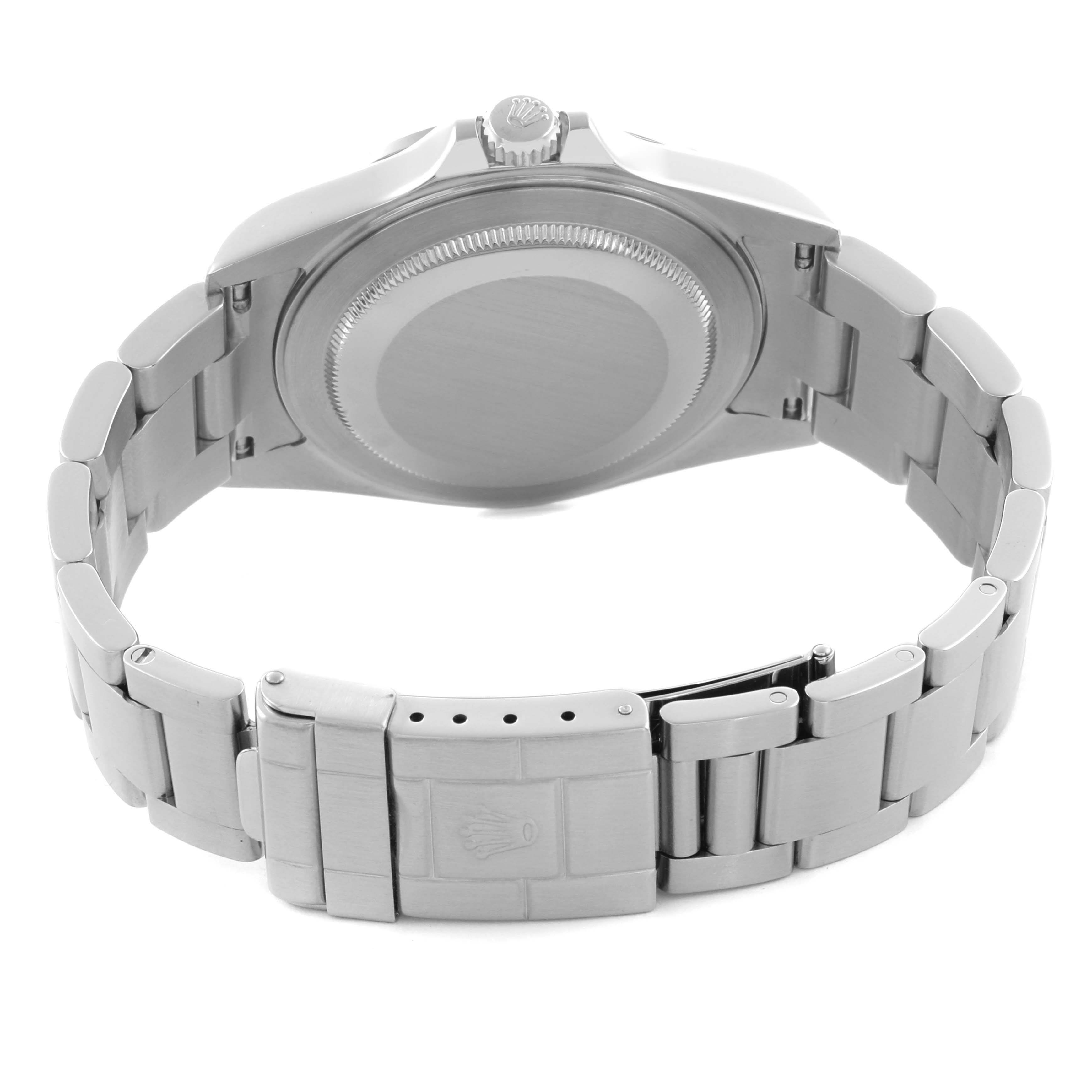 The Rolex Explorer 16570 Men's Stainless Steel White Dial 16570 Men's Stainless Steel White Dial is shown from the back, highlighting the bracelet, clasp, and case back.