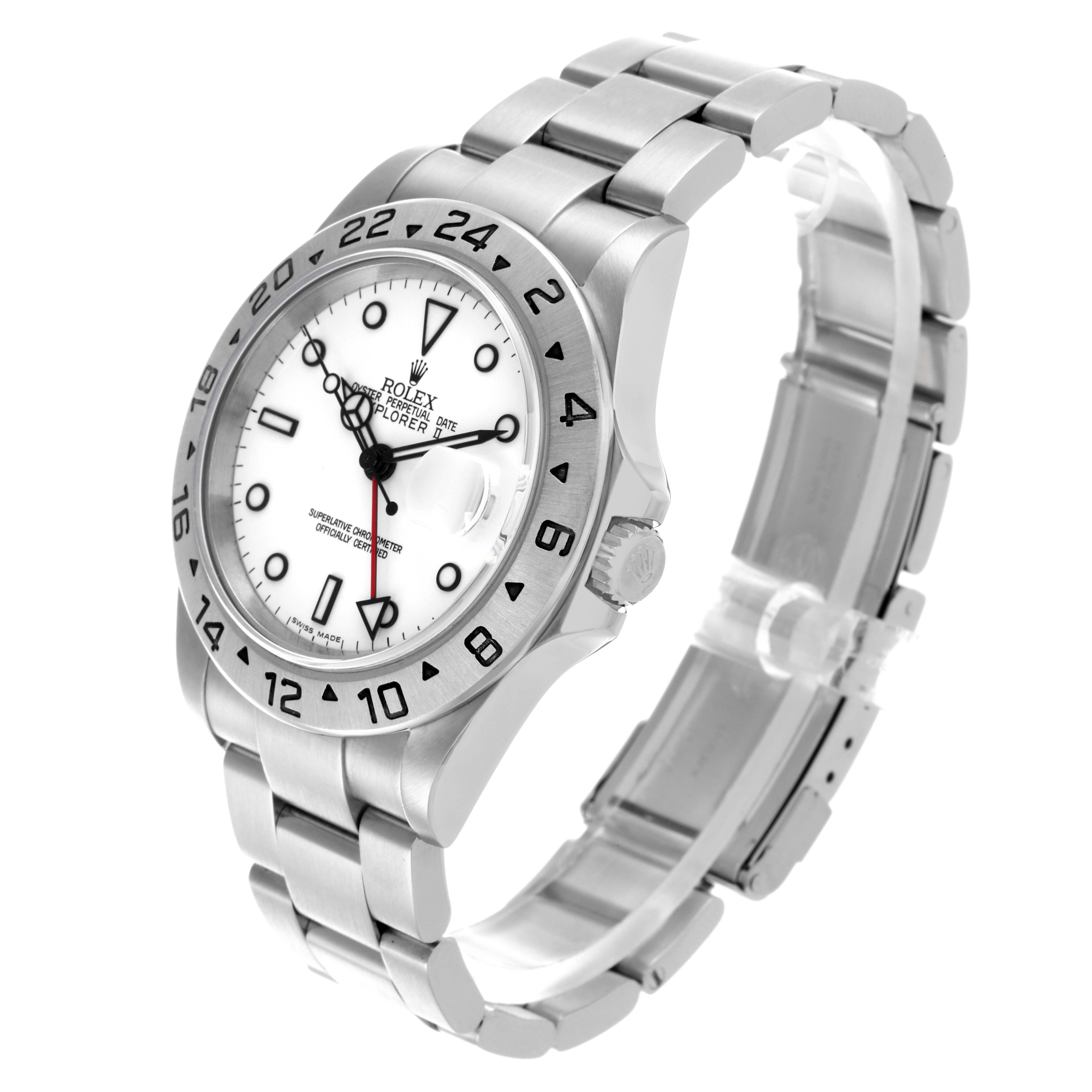 The Rolex Explorer 16570 Men's Stainless Steel White Dial 16570 Men's Stainless Steel White Dial watch is shown at an angle displaying the dial, bezel, bracelet, and crown.
