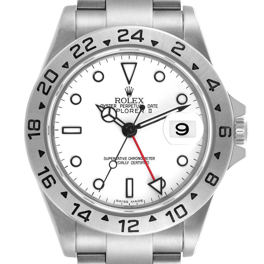 The Rolex Explorer II is shown from a front angle, displaying its dial, bezel, hands, date window, and crown.