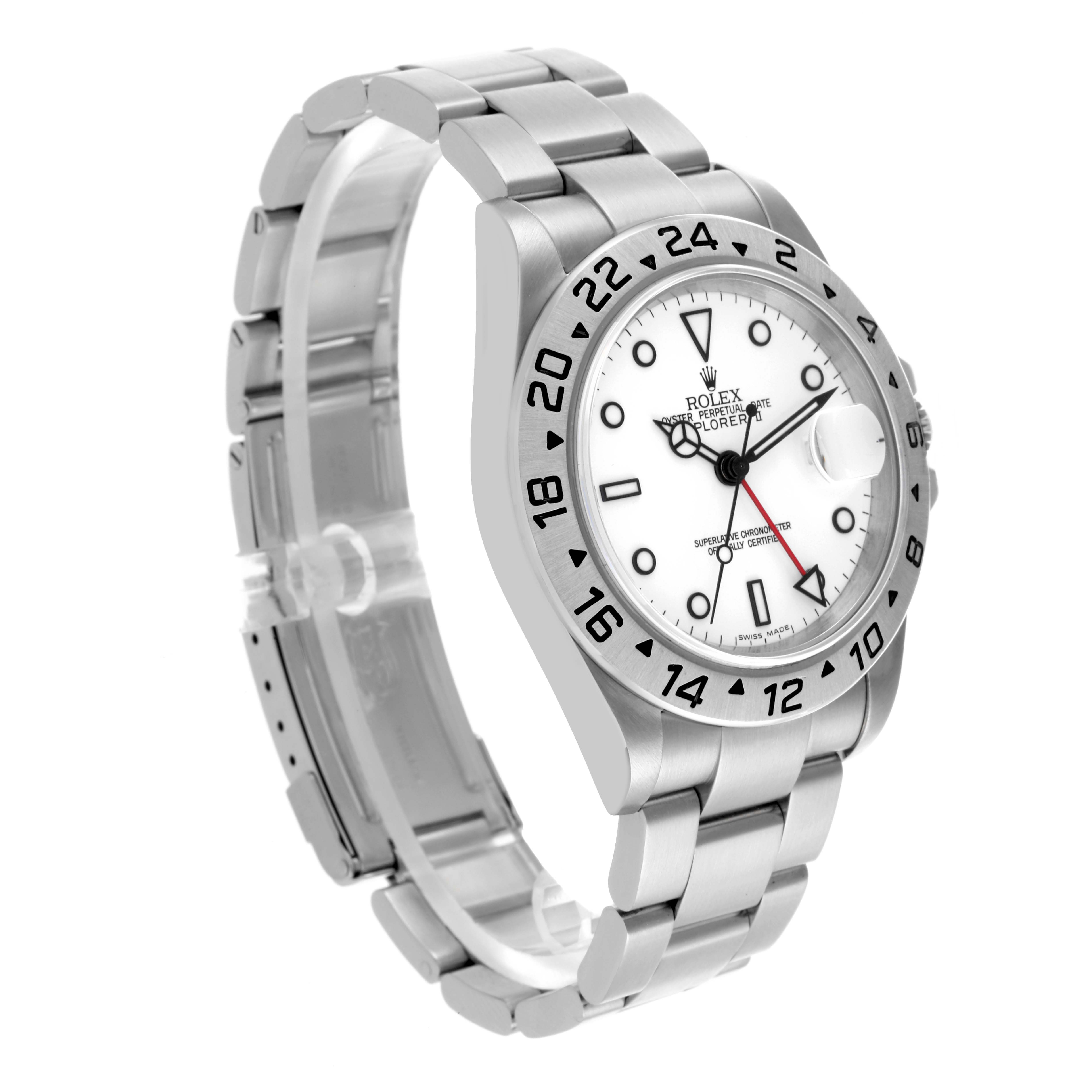 The Rolex Explorer 16570 Men's Stainless Steel White Dial 16570 Men's Stainless Steel White Dial watch is shown from a front angle, displaying the bracelet, bezel, and dial clearly.