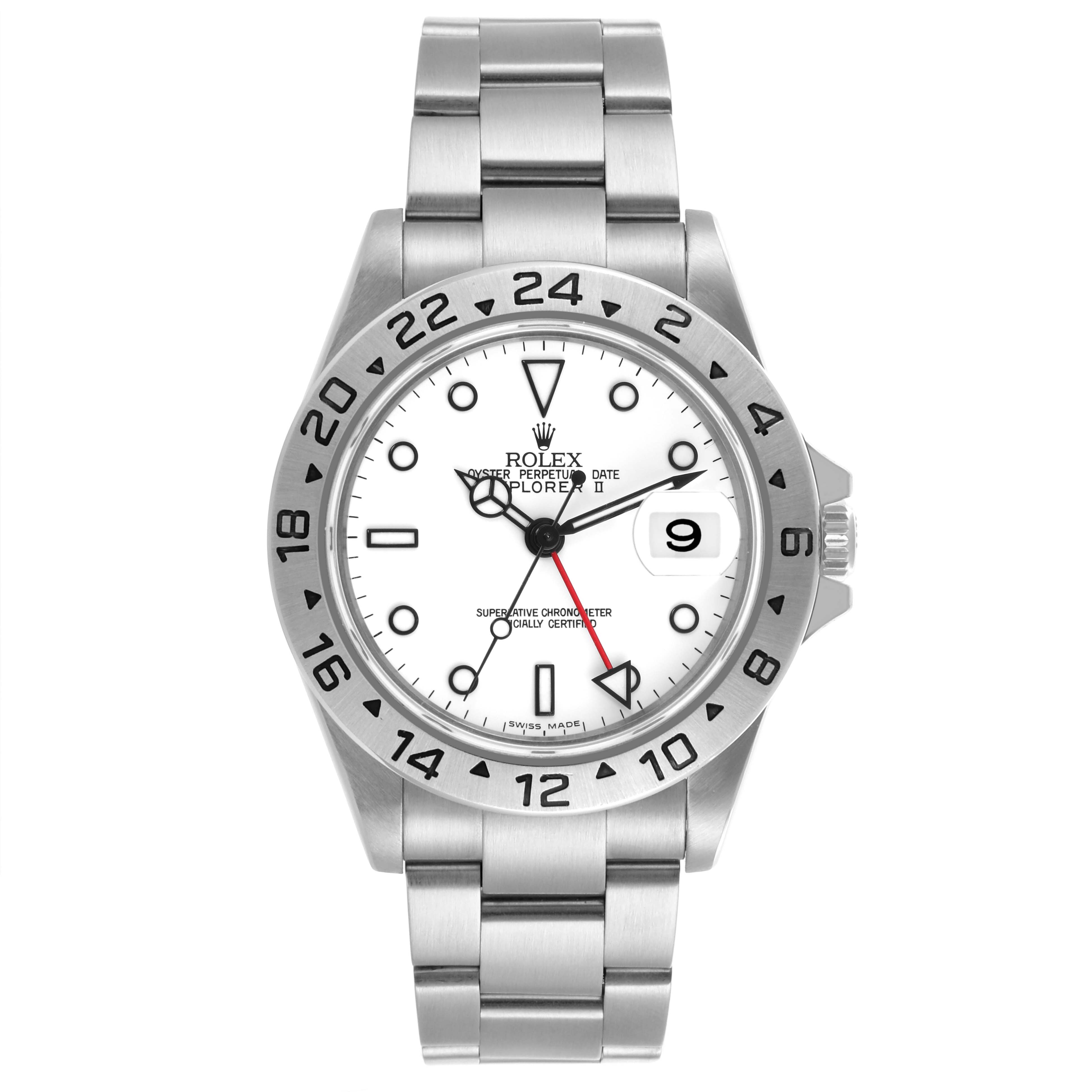 The Rolex Explorer 16570 Men's Stainless Steel White Dial 16570 Men's Stainless Steel White Dial watch is shown from a front angle, displaying the face, bezel, and stainless steel bracelet.