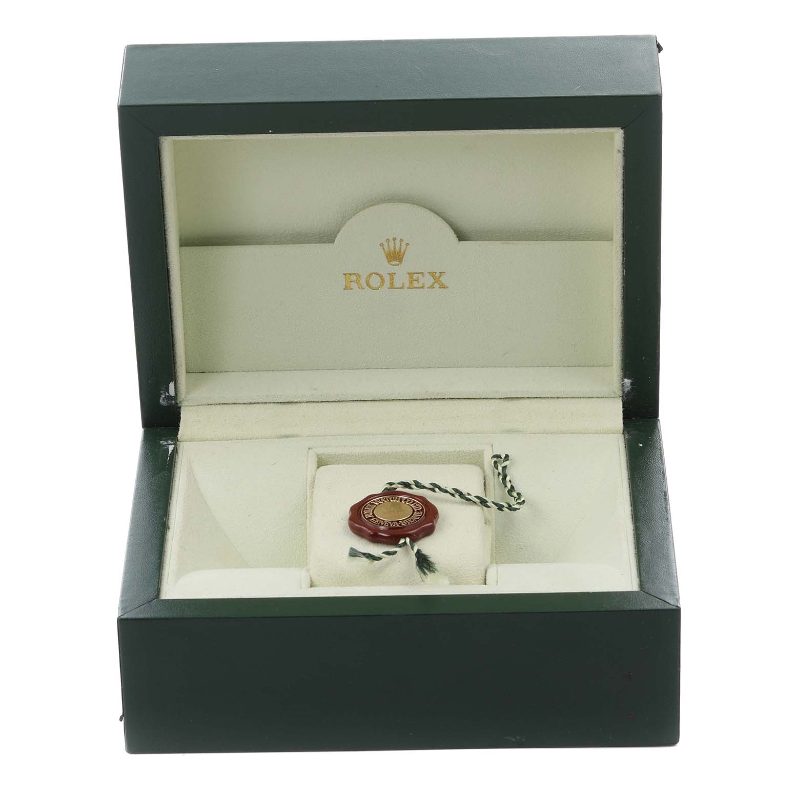 The image shows an open Rolex Explorer 16570 Men's Stainless Steel White Dial 16570 Men's Stainless Steel White Dial watch box containing a tag, no watch visible.