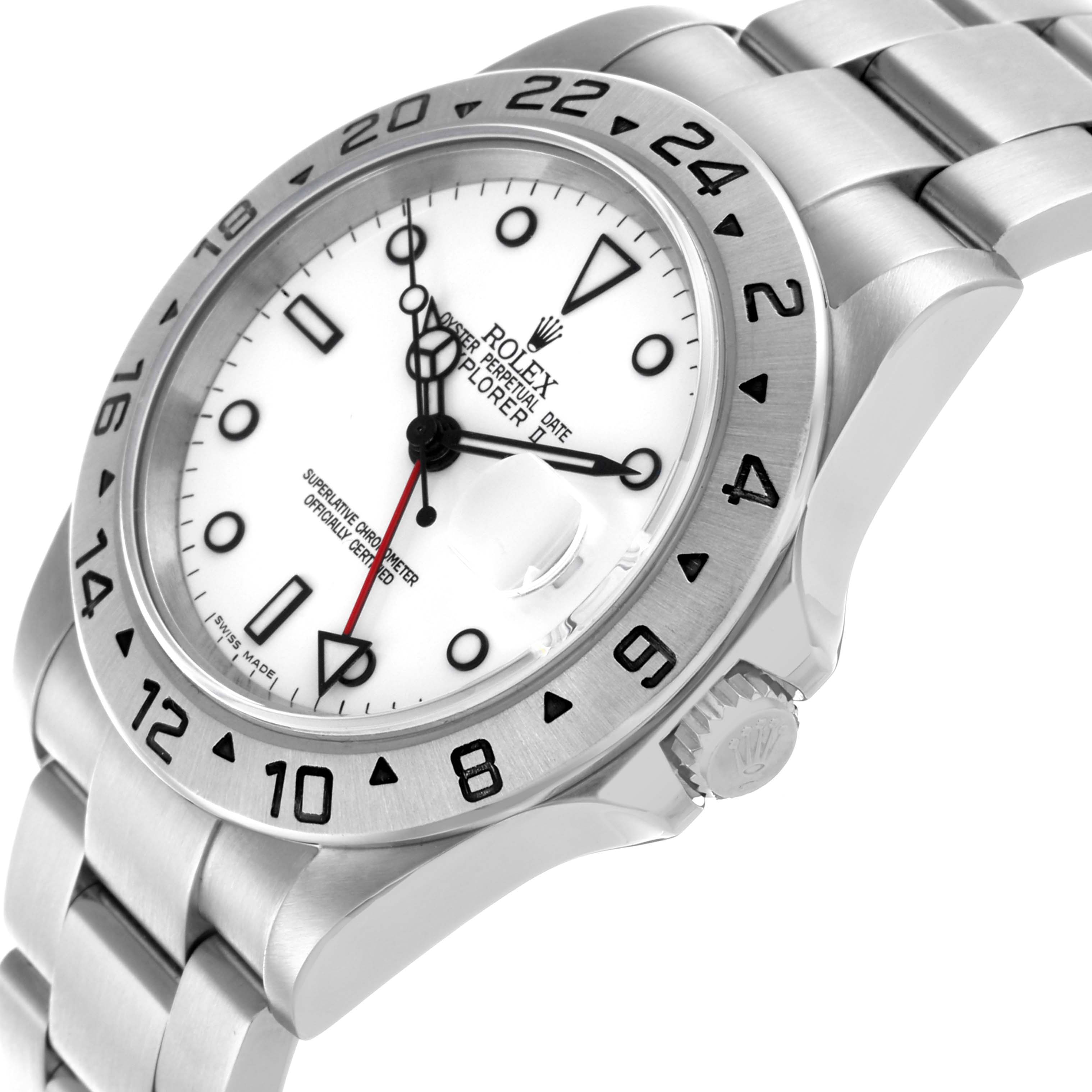 The Rolex Explorer 16570 Men's Stainless Steel White Dial 16570 Men's Stainless Steel White Dial watch is shown at an angle highlighting the face, bezel, and a portion of the bracelet.