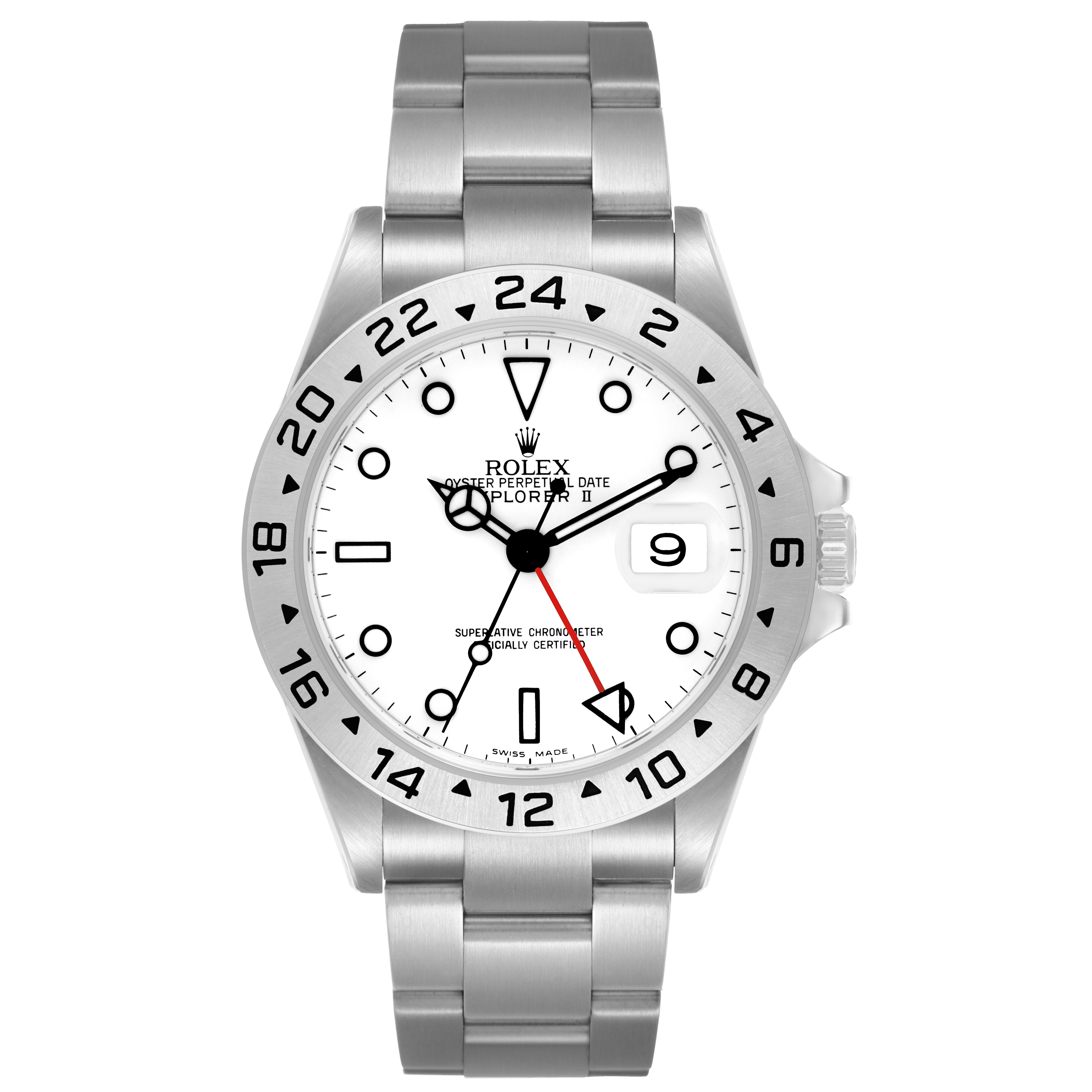 The Rolex Explorer 16570 Men's Stainless Steel White Dial watch is shown from a front angle, highlighting the dial, bezel, hands, and bracelet.
