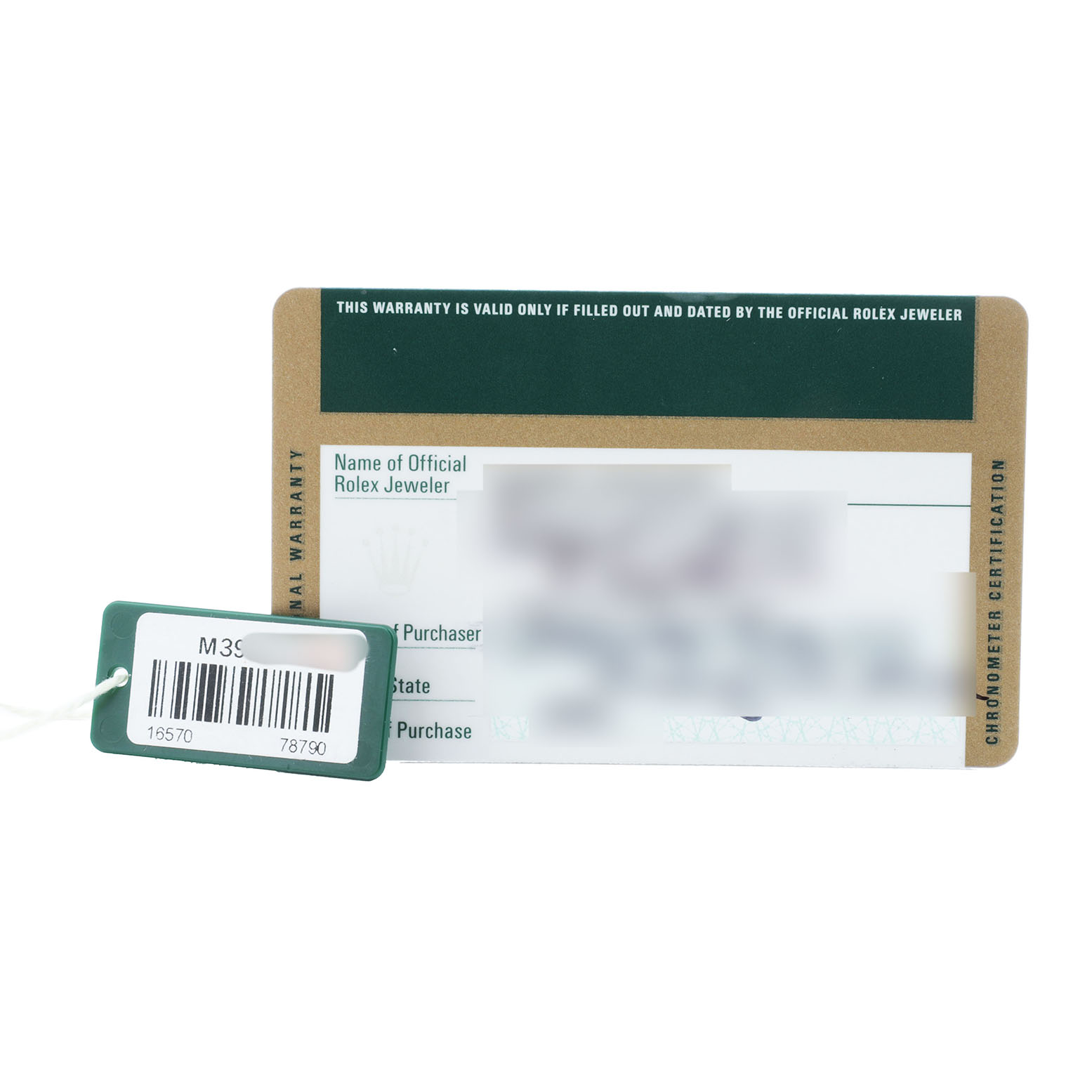 The image shows a warranty card and a tag for the Rolex Explorer 16570 Men's Stainless Steel White Dial watch.