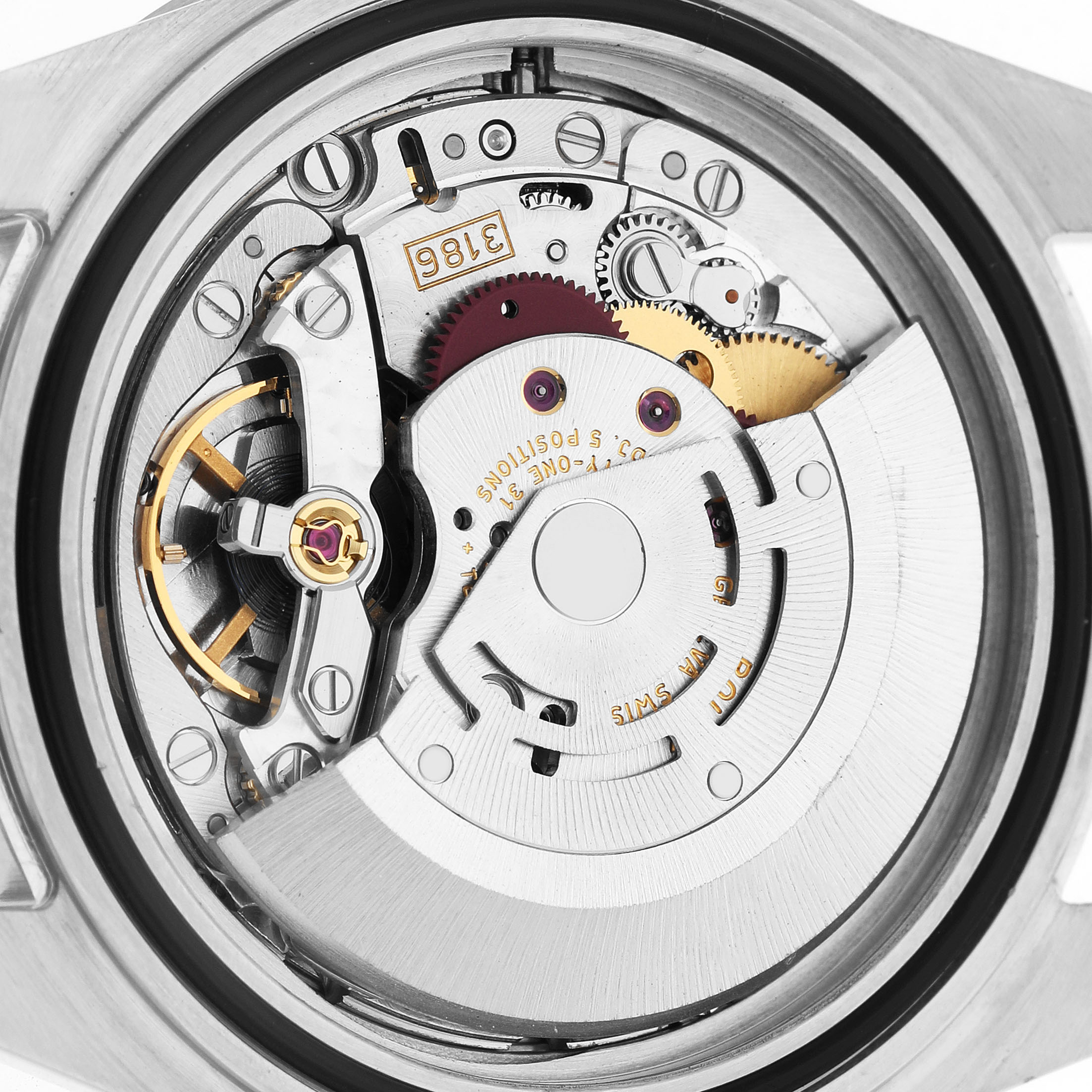 The image shows a close-up of the movement inside a Rolex Explorer 16570 Men's Stainless Steel White Dial watch.