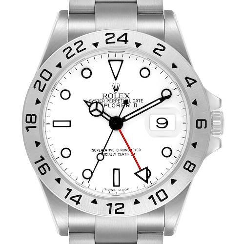 The Rolex Explorer 16570 Men's Stainless Steel White Dial watch is shown from a straight-on angle, displaying the face, bezel, and bracelet prominently.