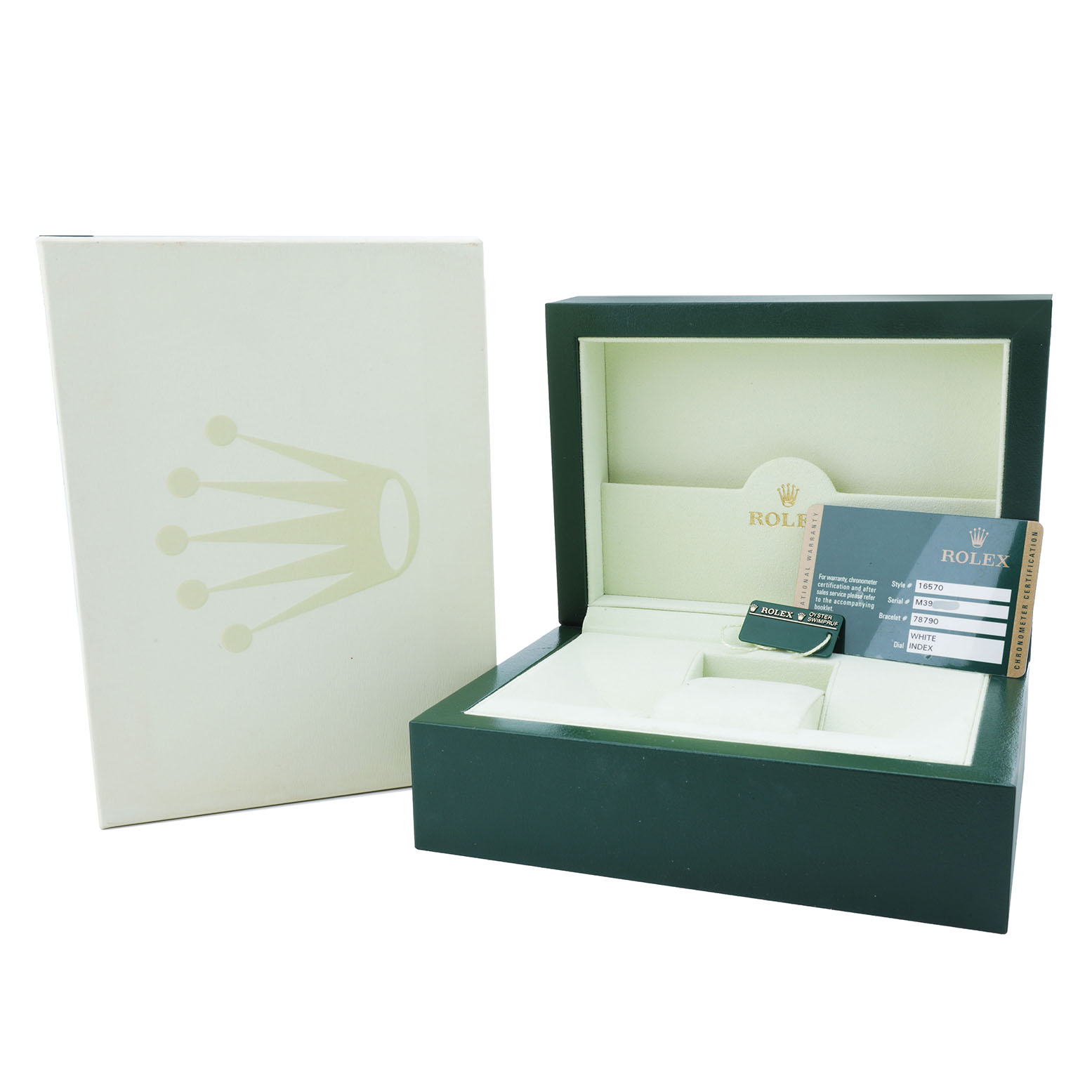 The image shows a Rolex Explorer 16570 Men's Stainless Steel White Dial watch box, including the outer sleeve and guarantee card, viewed from a typical front angle.