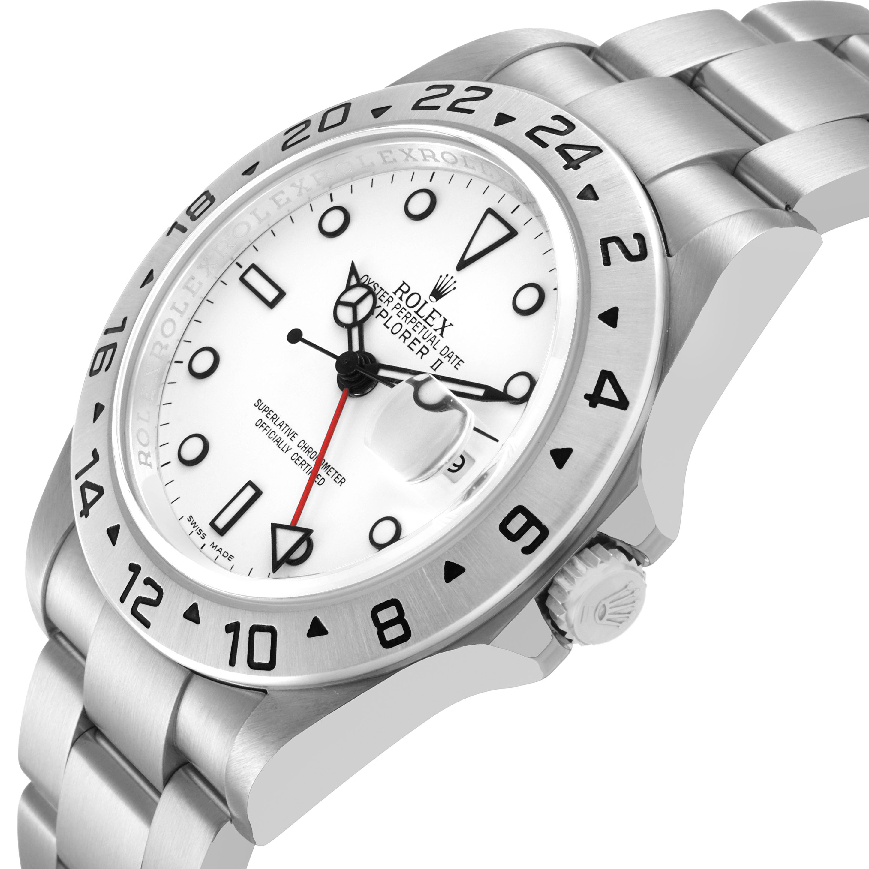 The image shows a side angle of a Rolex Explorer 16570 Men's Stainless Steel White Dial watch, highlighting the dial, crown, bracelet, and bezel with engraved numerals.