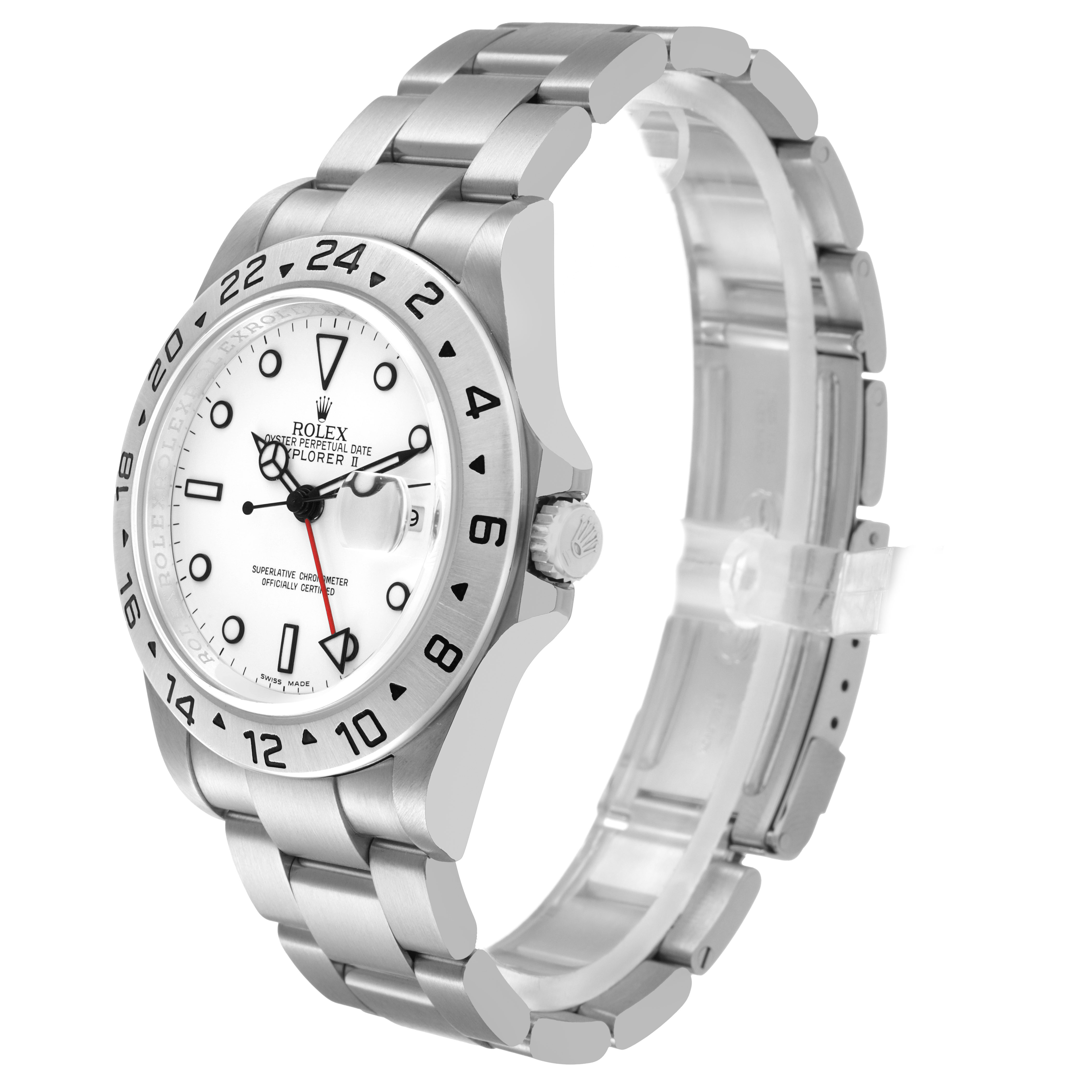 The Rolex Explorer 16570 Men's Stainless Steel White Dial model is shown at an angle highlighting the face, bezel, and band.