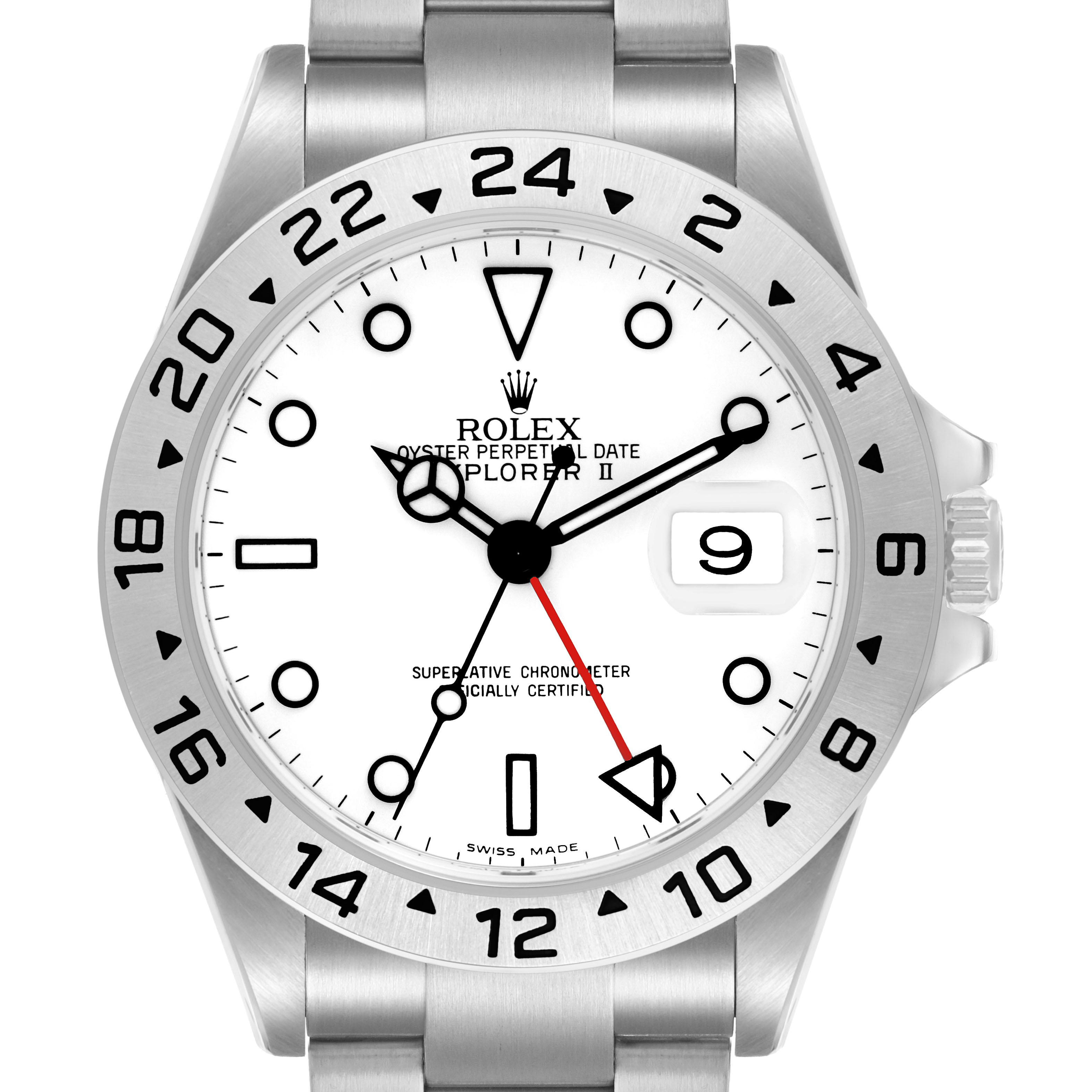 The Rolex Explorer 16570 Men's Stainless Steel White Dial model is shown from a front angle, highlighting the dial, bezel, and bracelet.