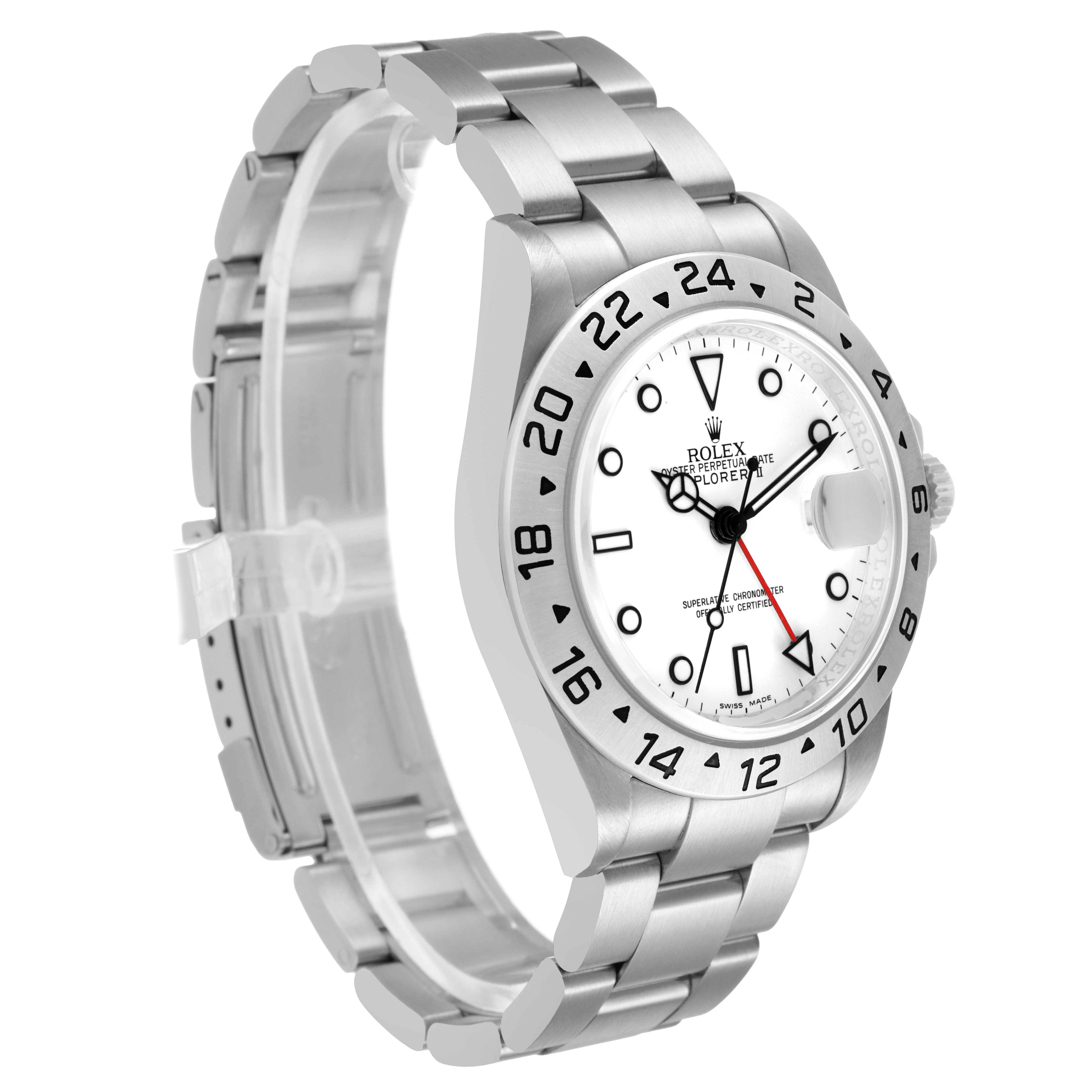 The image shows a Rolex Explorer 16570 Men's Stainless Steel White Dial watch at a three-quarter angle, displaying the face, bezel, bracelet, and crown.