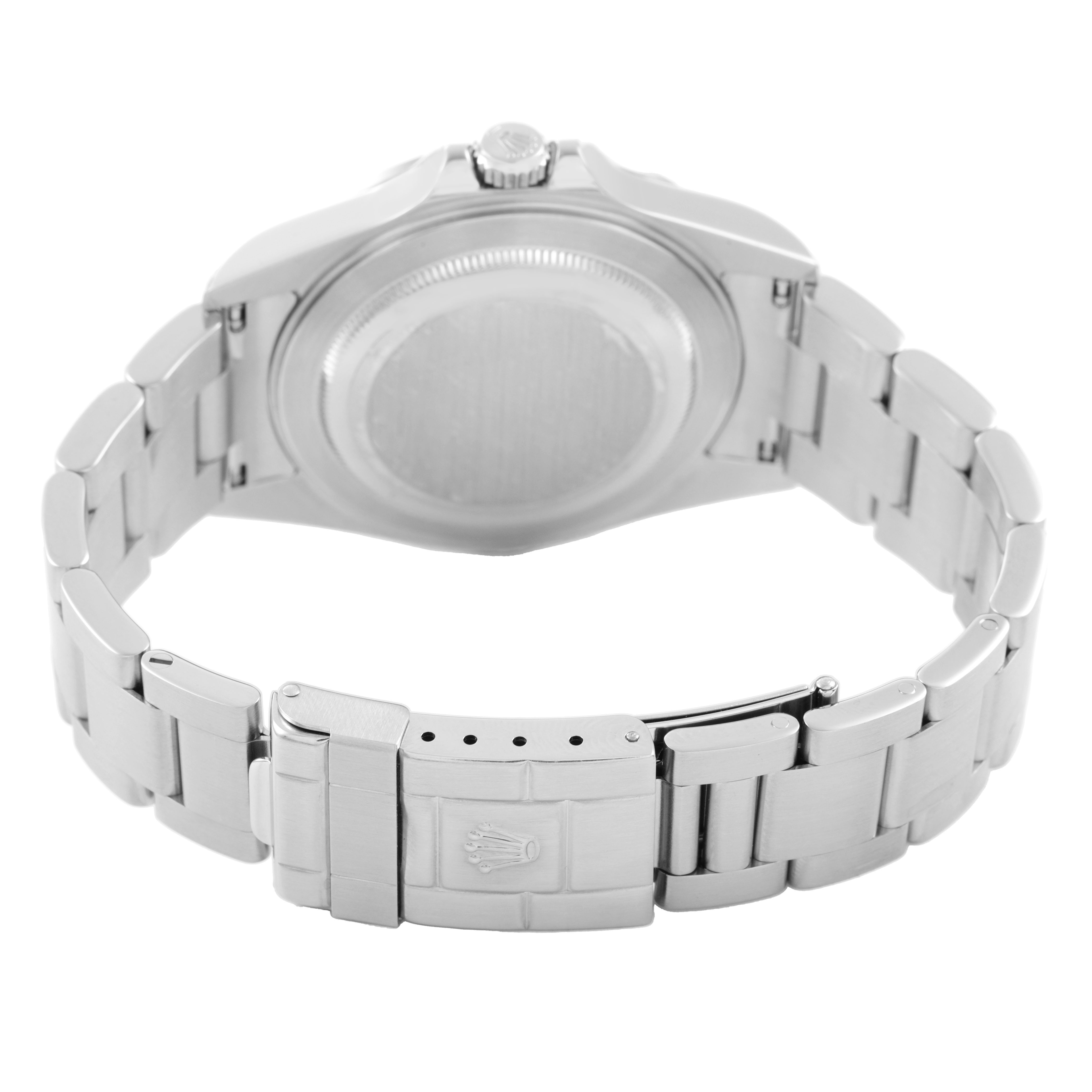 The image shows the back of the Rolex Explorer 16570 Men's Stainless Steel White Dial watch, highlighting the clasp and bracelet, along with the case back.