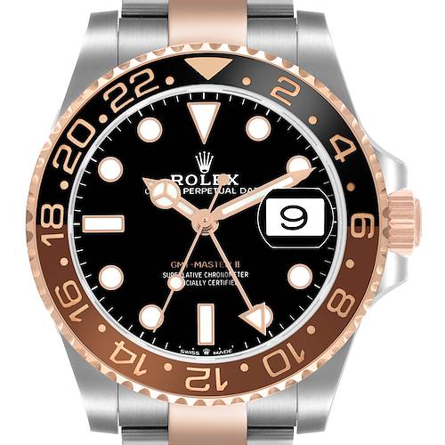 The Rolex GMT-Master 126711 Men's Steel and Gold (two tone) Black Dial model is shown from the front, highlighting the dial, bezel, and part of the bracelet.