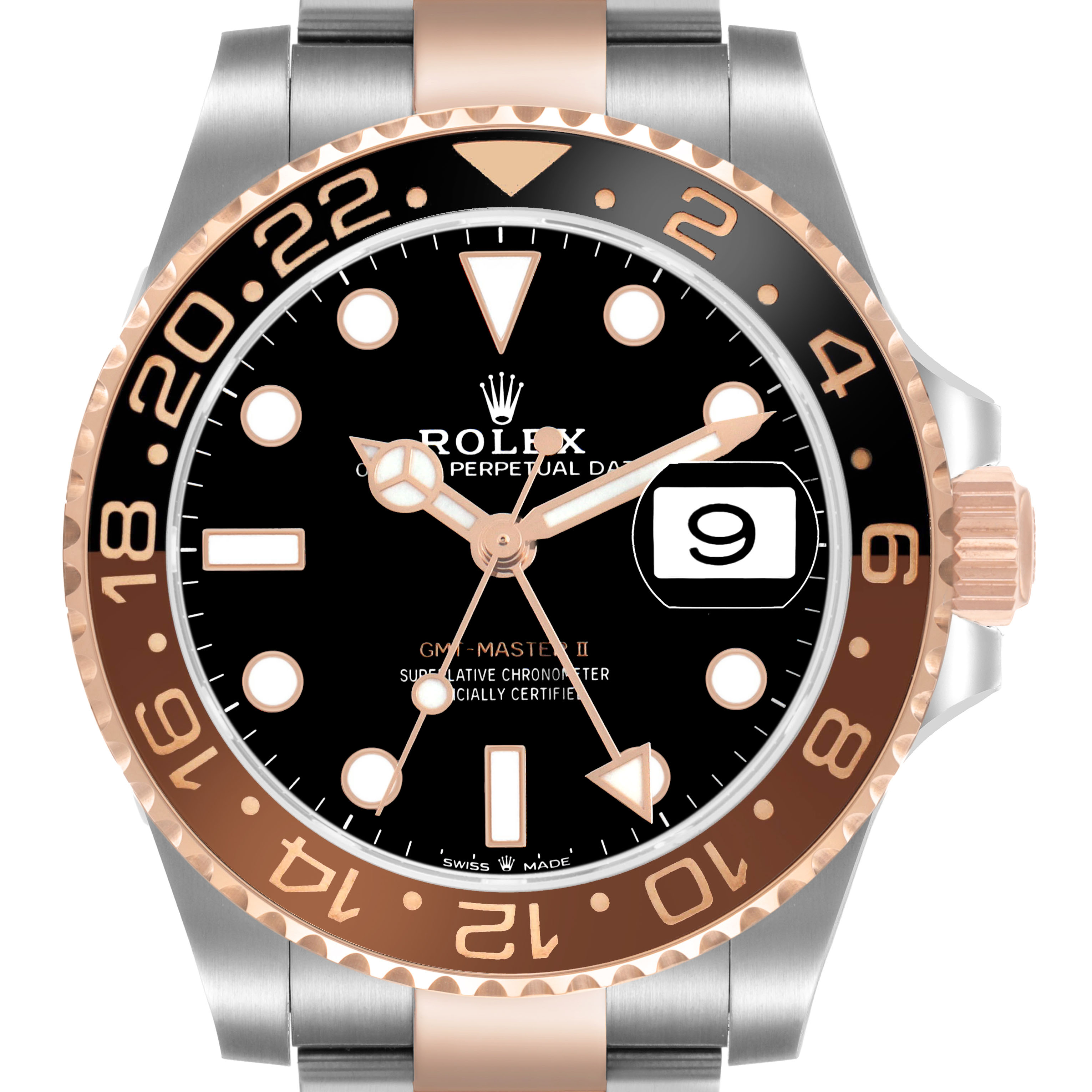 The Rolex GMT-Master 126711 Men's Steel and Gold (two tone) Black Dial watch is shown from the front, highlighting the dial, hands, bezel, and part of the bracelet.