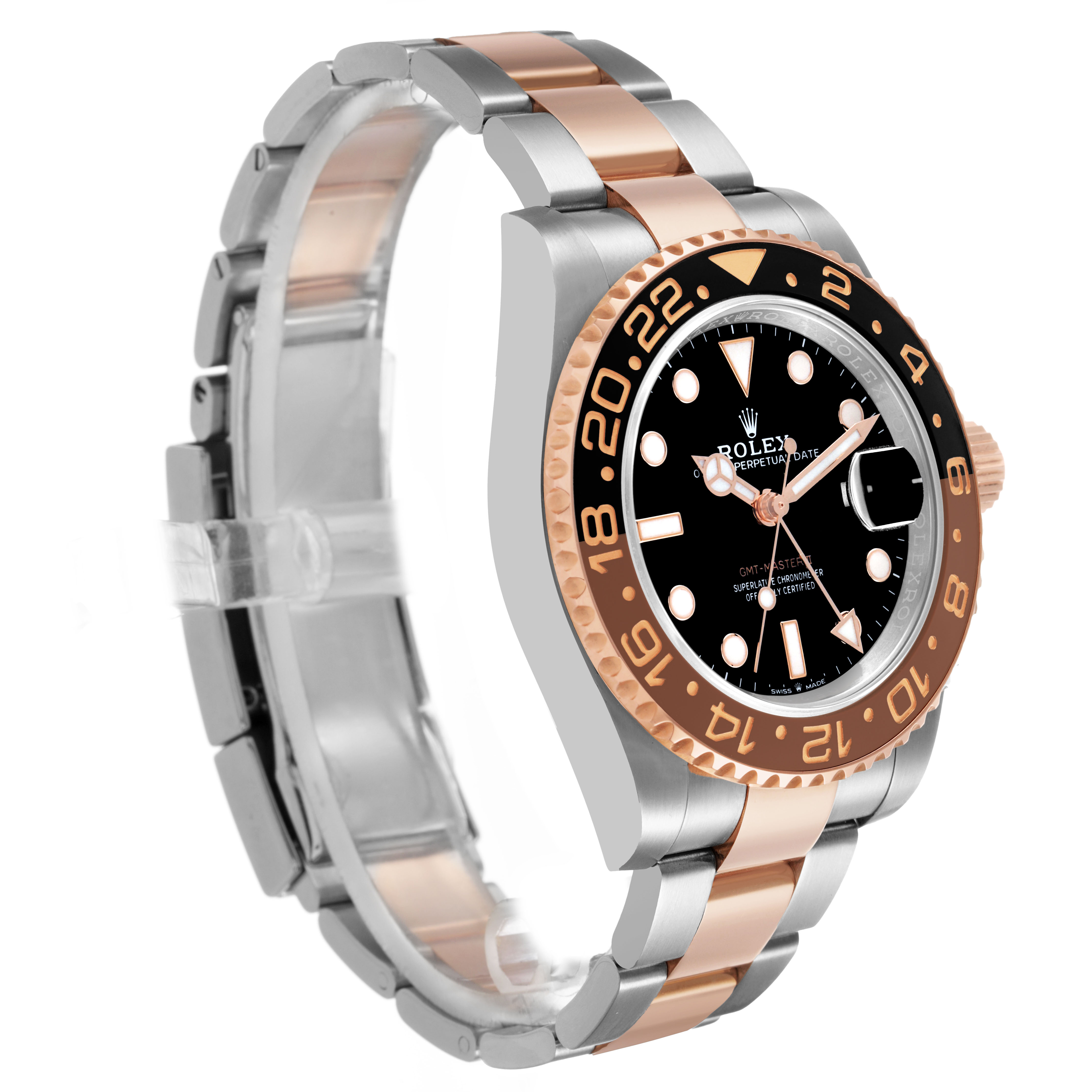 The Rolex GMT-Master 126711 Men's Steel and Gold (two tone) Black Dial watch is shown at a three-quarter angle, displaying the bezel, crown, and bracelet.