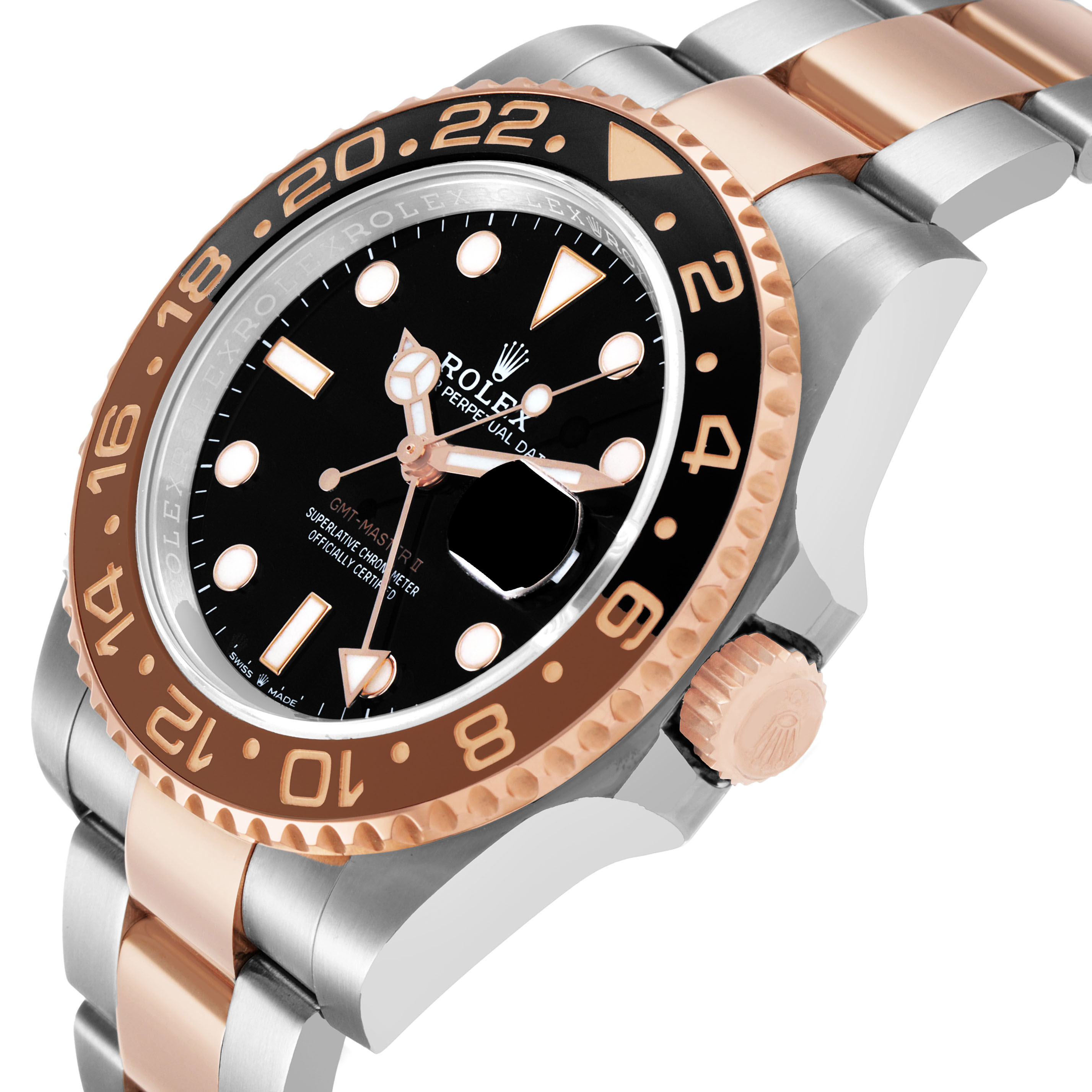 The Rolex GMT-Master 126711 Men's Steel and Gold (two tone) Black Dial watch is angled to highlight the bezel, dial, crown, and parts of the bracelet.