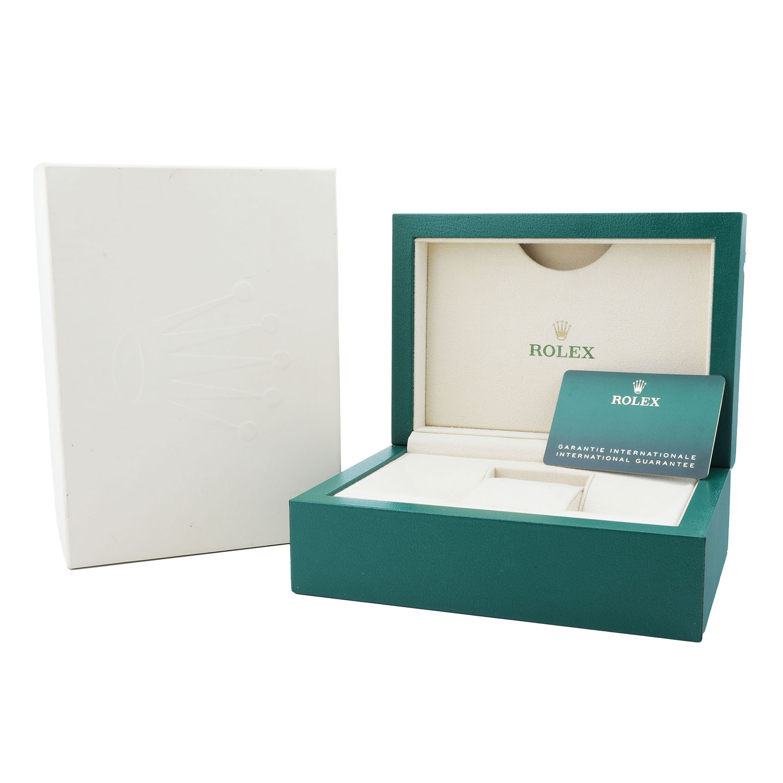 The image shows a Rolex GMT-Master 126711 Men's Steel and Gold (two tone) Black Dial watch box at a three-quarter angle, with the inner box open and the warranty card visible.