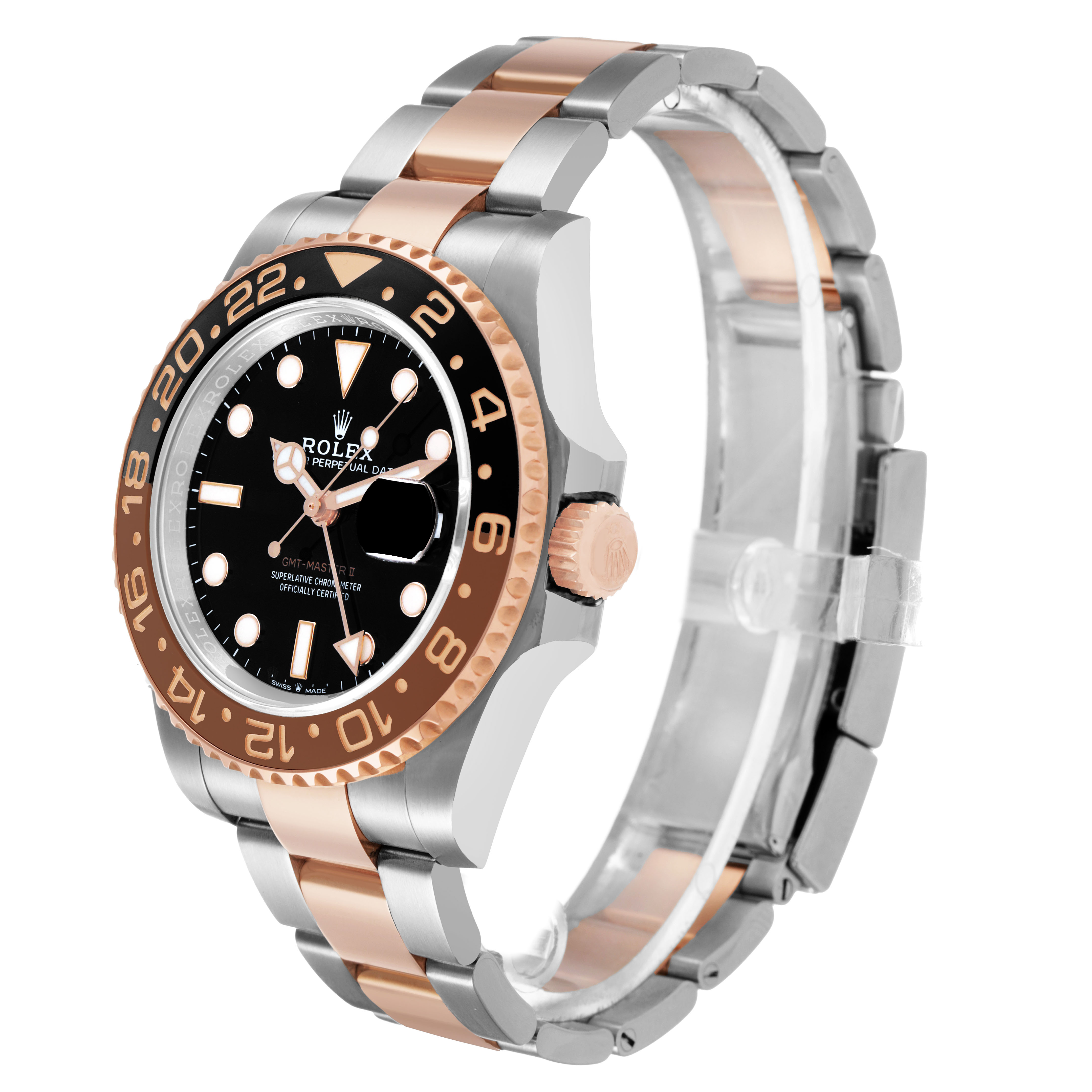 The Rolex GMT-Master 126711 Men's Steel and Gold (two tone) Black Dial watch is shown at an angled view, highlighting the bezel, dial, case, crown, and bracelet.