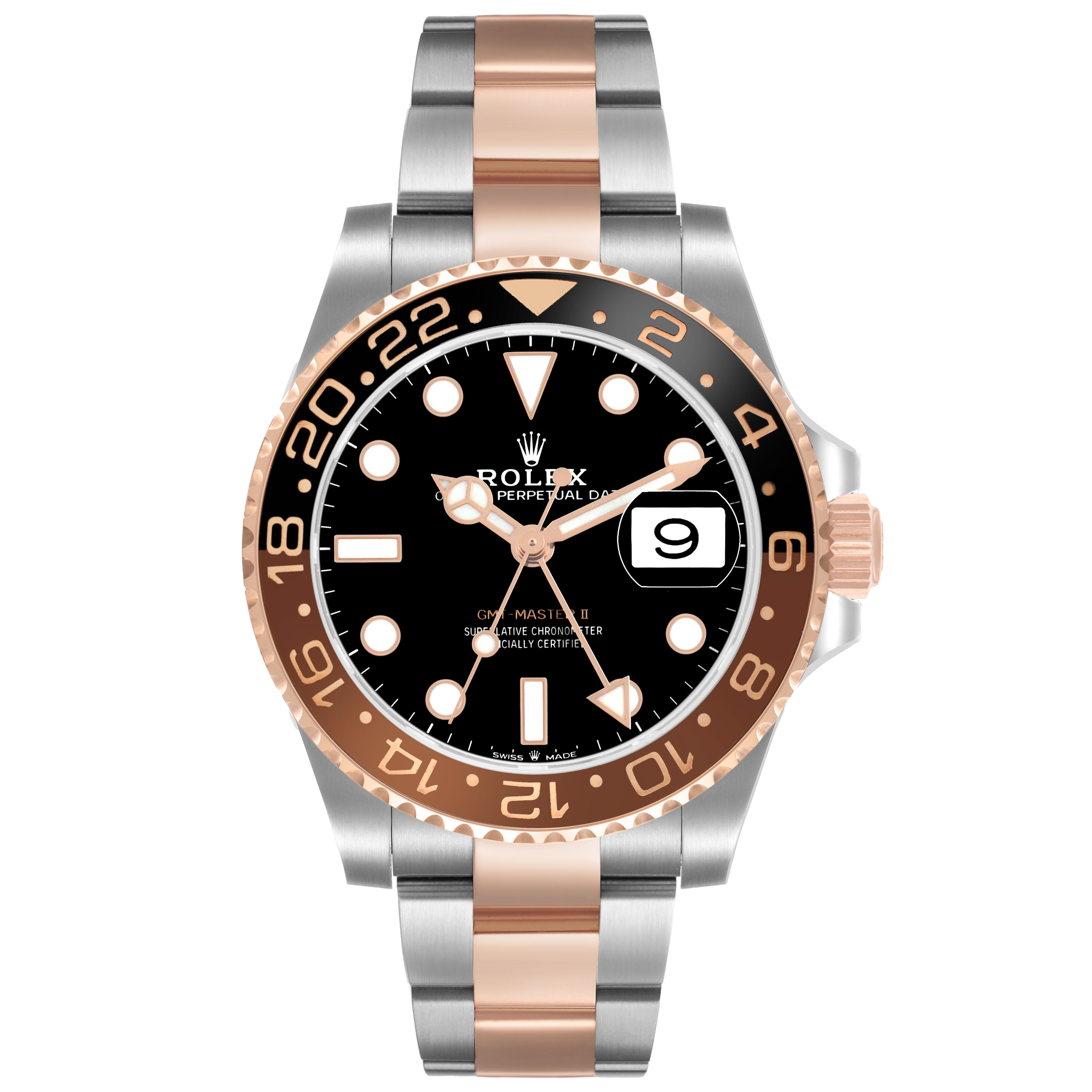 The Rolex GMT-Master 126711 Men's Steel and Gold (two tone) Black Dial watch is shown from the front, displaying its dial, bezel, and bracelet.