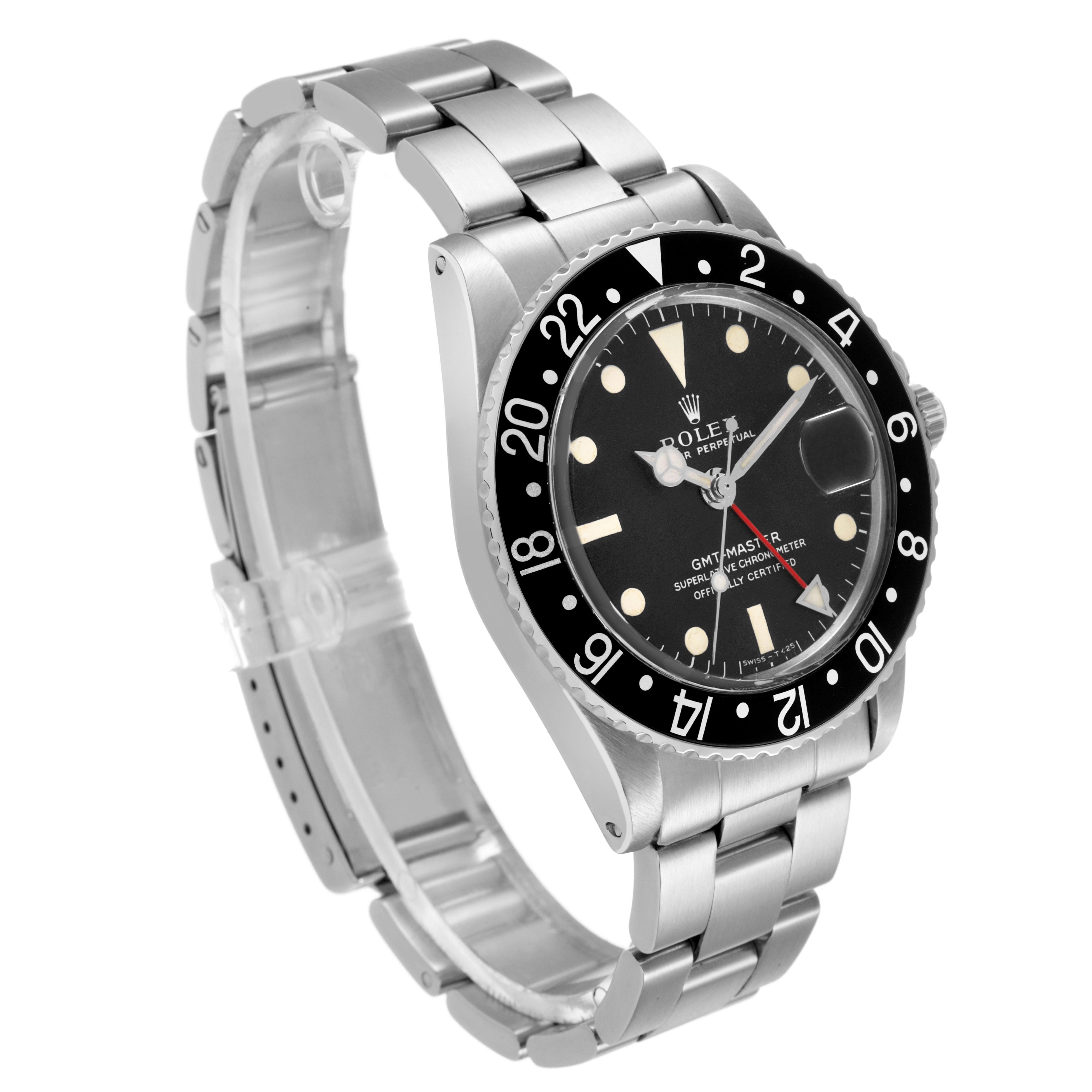 The Rolex Vintage Collection 1675 Men's Stainless Steel Black Dial watch is angled to show the dial, bezel, and part of the bracelet.