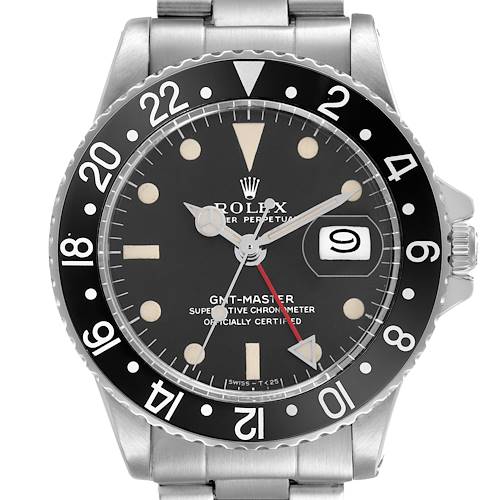 The Rolex Vintage Collection 1675 Men's Stainless Steel Black Dial model is shown from the front, highlighting the bezel, dial, and date display.