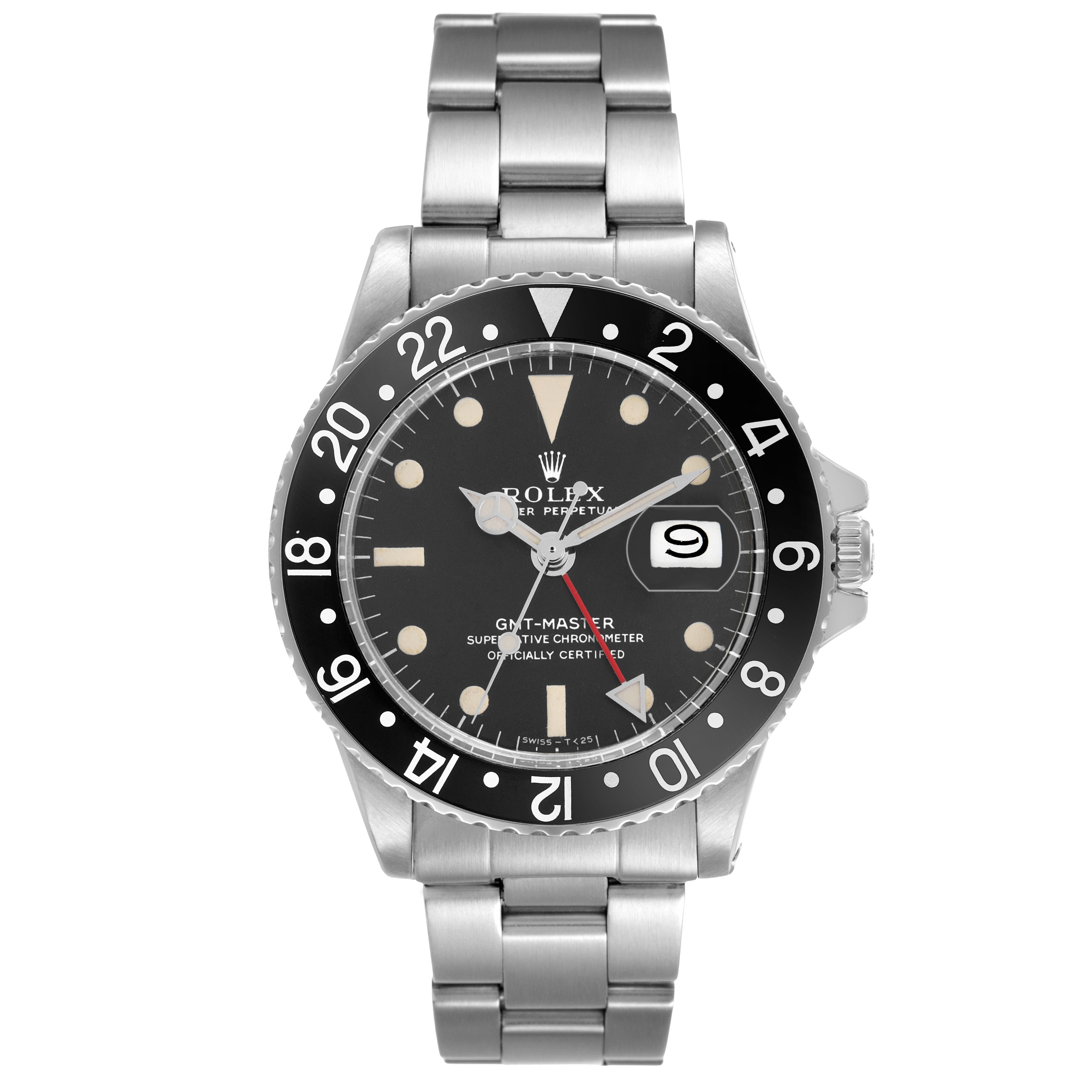 The Rolex Vintage Collection 1675 Men's Stainless Steel Black Dial watch is shown from a front angle, highlighting the bezel, dial, hands, and bracelet.