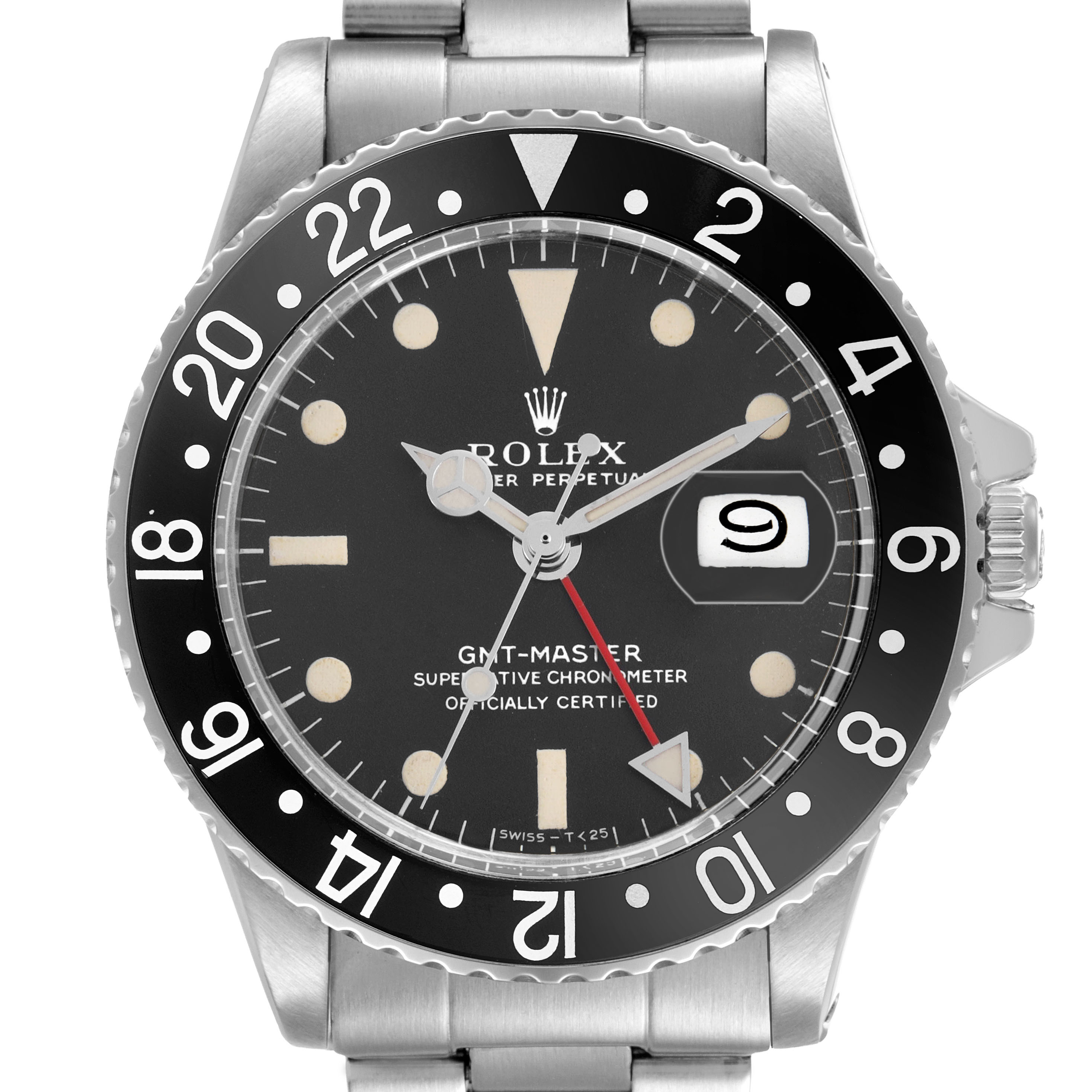 The Rolex Vintage Collection 1675 Men's Stainless Steel Black Dial model watch is shown from the front, highlighting the dial, bezel, hands, and date function.