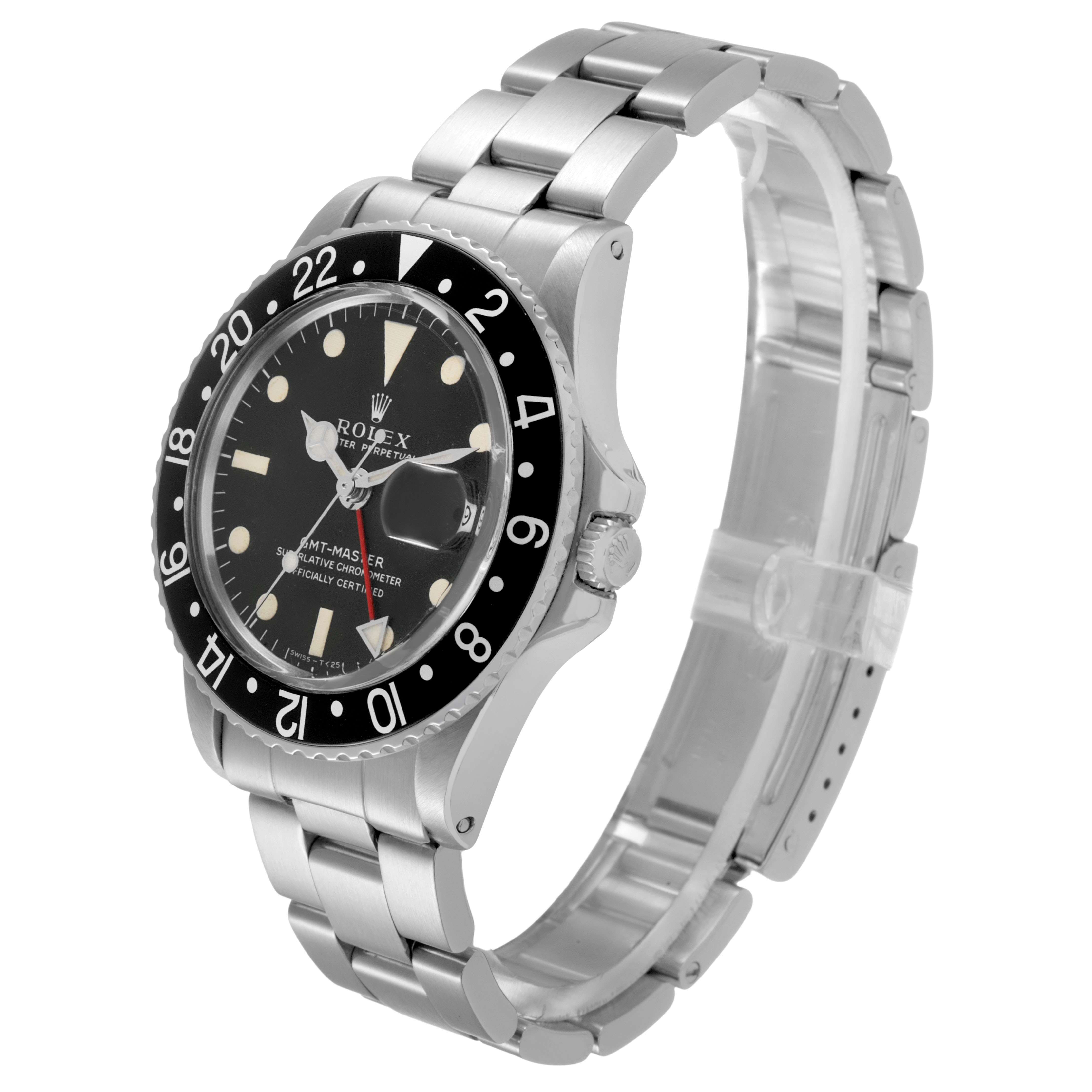 The Rolex Vintage Collection 1675 Men's Stainless Steel Black Dial watch is shown at a three-quarter angle, highlighting the bezel, dial, crown, and bracelet.