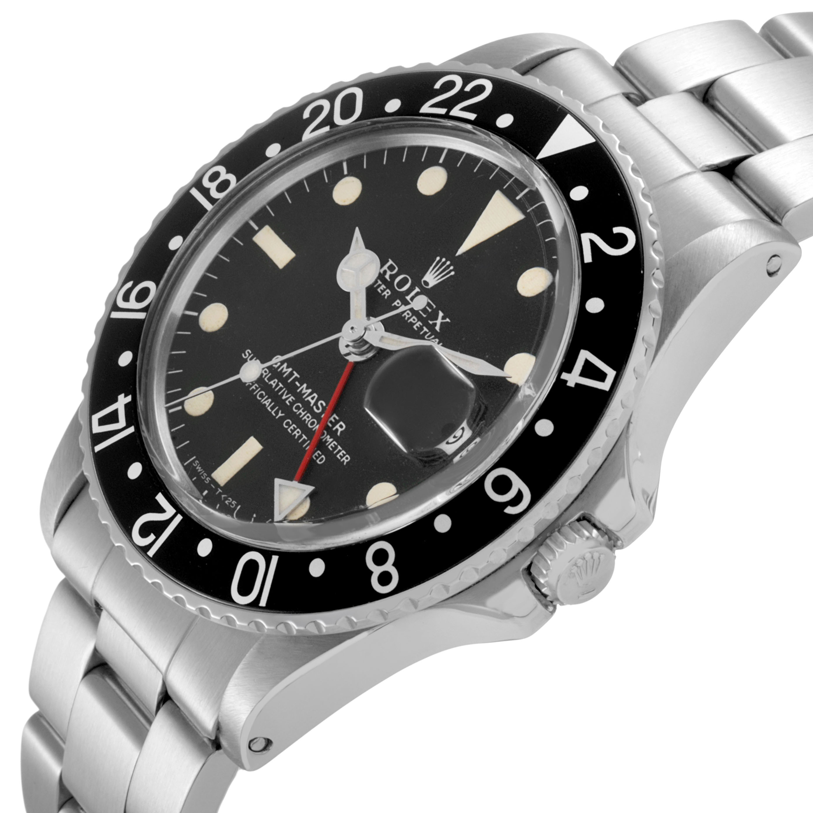 The Rolex Vintage Collection 1675 Men's Stainless Steel Black Dial watch is shown at an angle highlighting the dial, bezel, and bracelet.