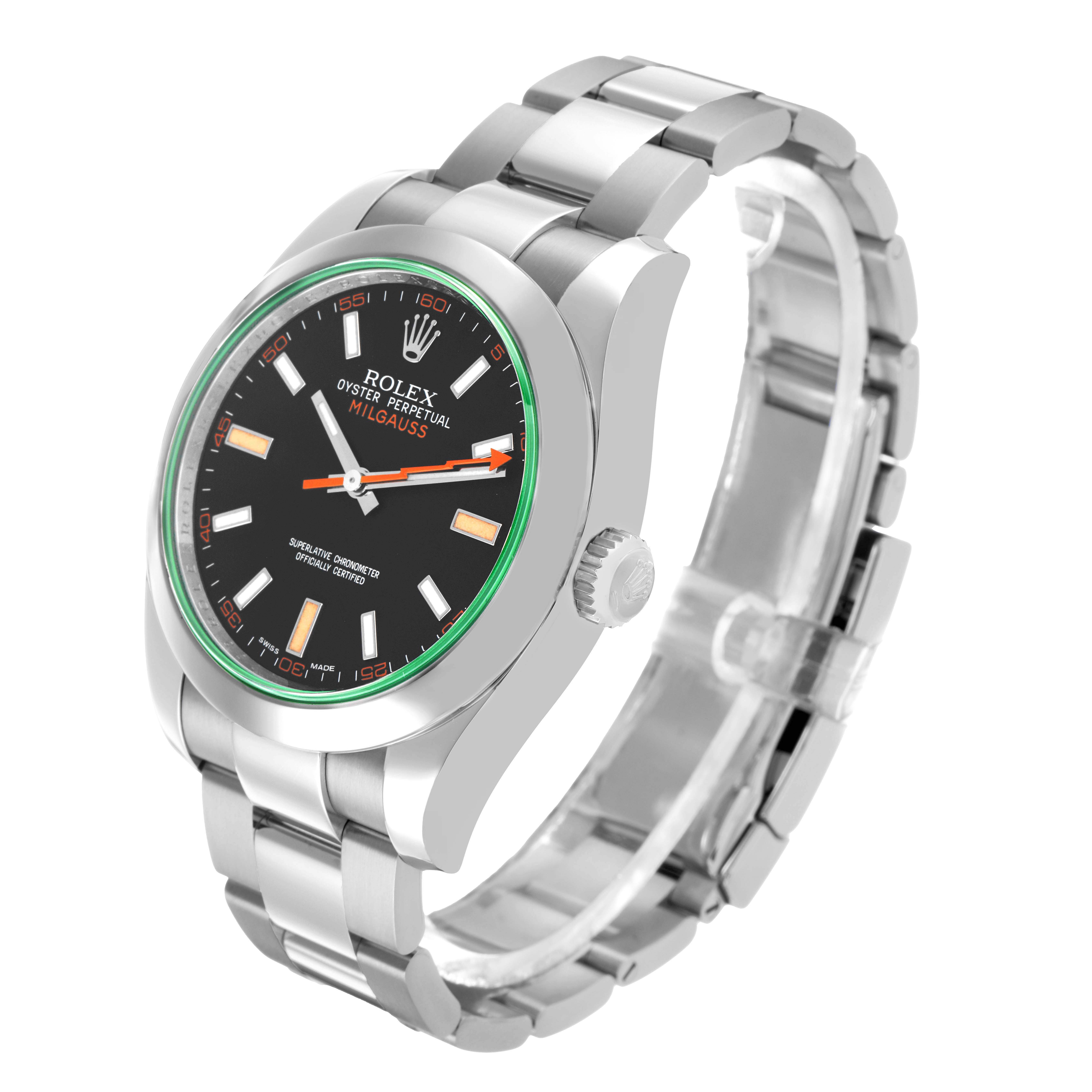 The Rolex Milgauss 116400GV Men's Stainless Steel Black Dial watch is shown at a three-quarter angle, highlighting the face, bezel, crown, and bracelet.