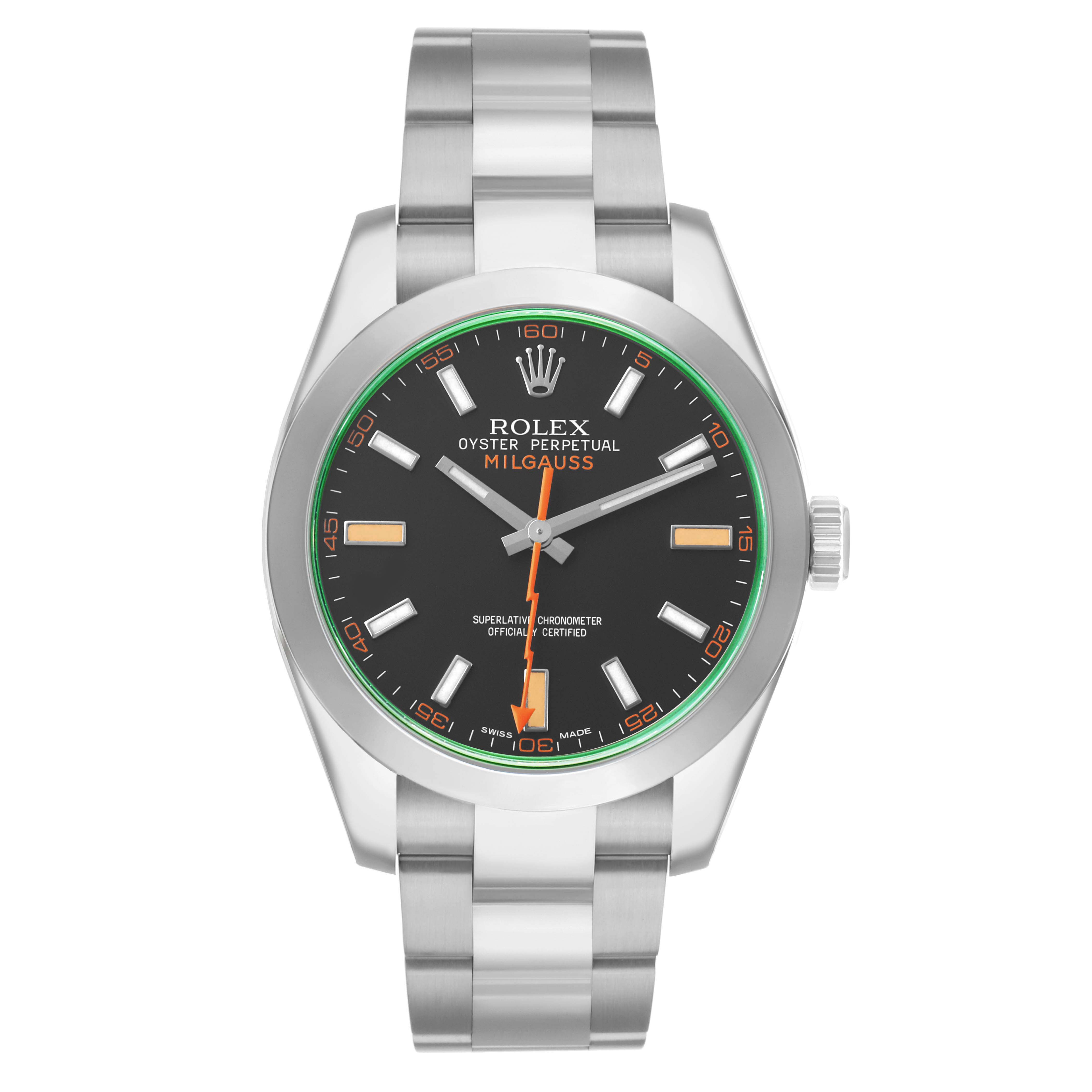 The Rolex Milgauss 116400GV Men's Stainless Steel Black Dial is shown from the front, highlighting its black dial, orange and green accents, and stainless steel bracelet.