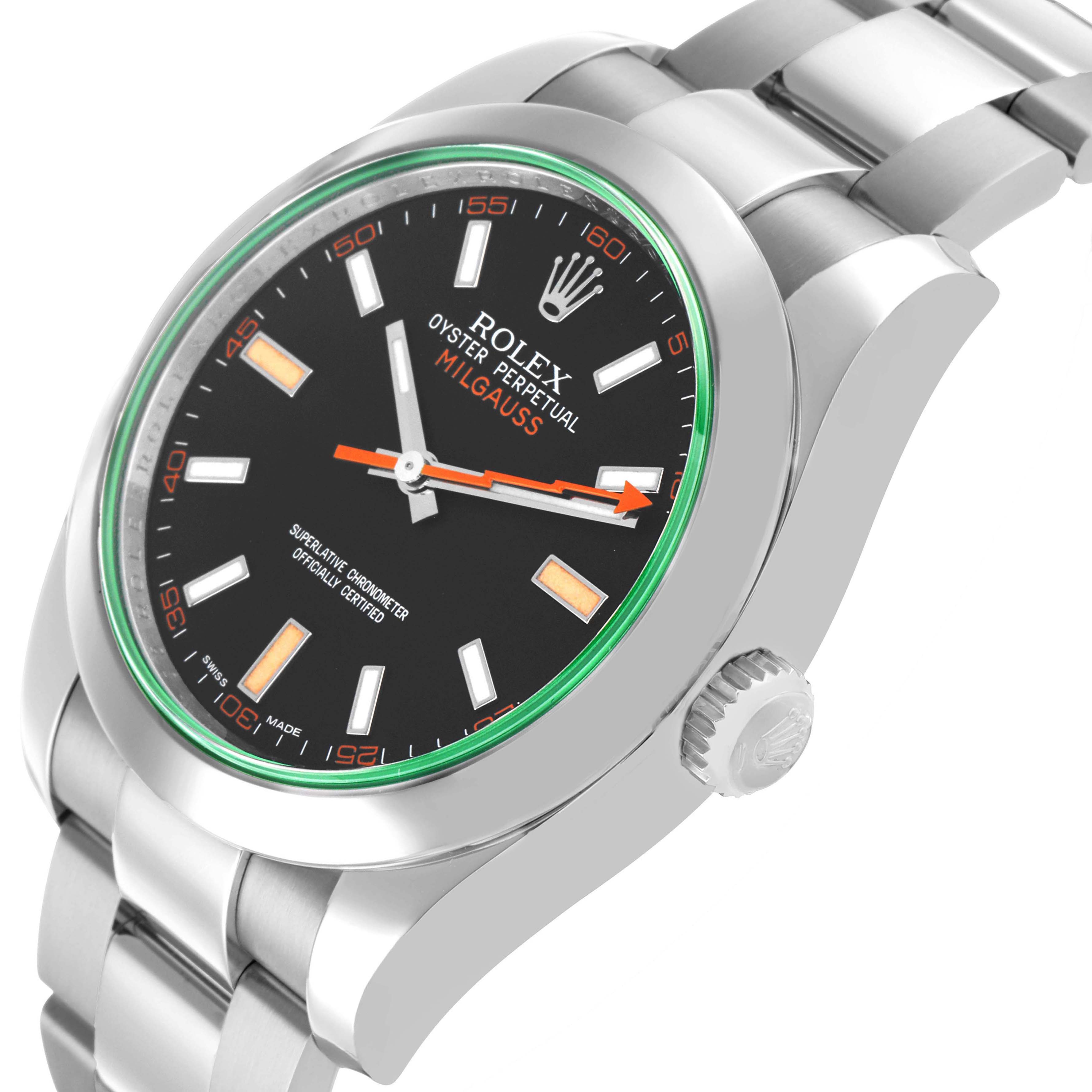 The image shows the Rolex Milgauss 116400GV Men's Stainless Steel Black Dial watch at a three-quarter angle, highlighting its face, case, and bracelet.