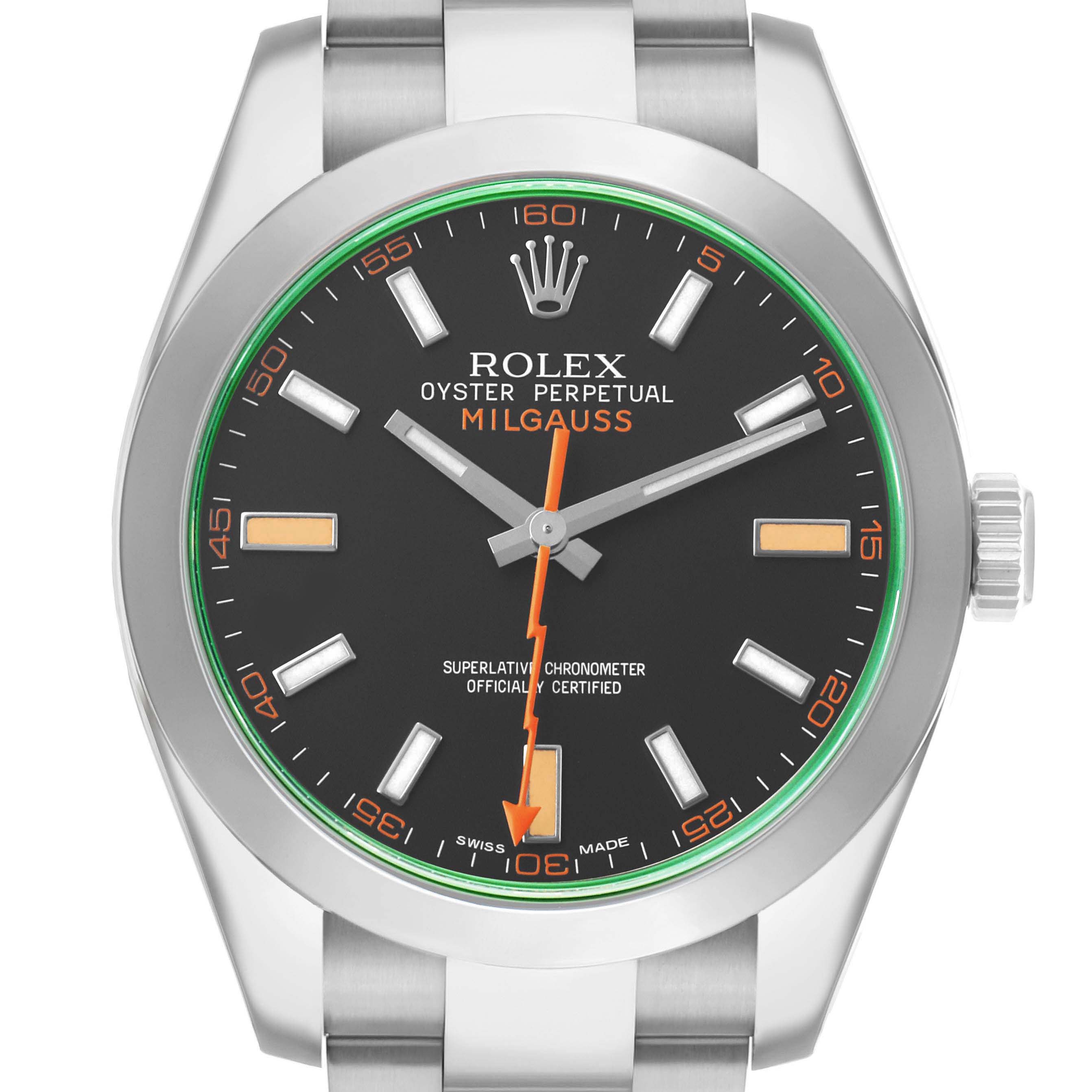 The Rolex Milgauss 116400GV Men's Stainless Steel Black Dial watch is shown from a front view, highlighting the dial, hands, bezel, and part of the bracelet.