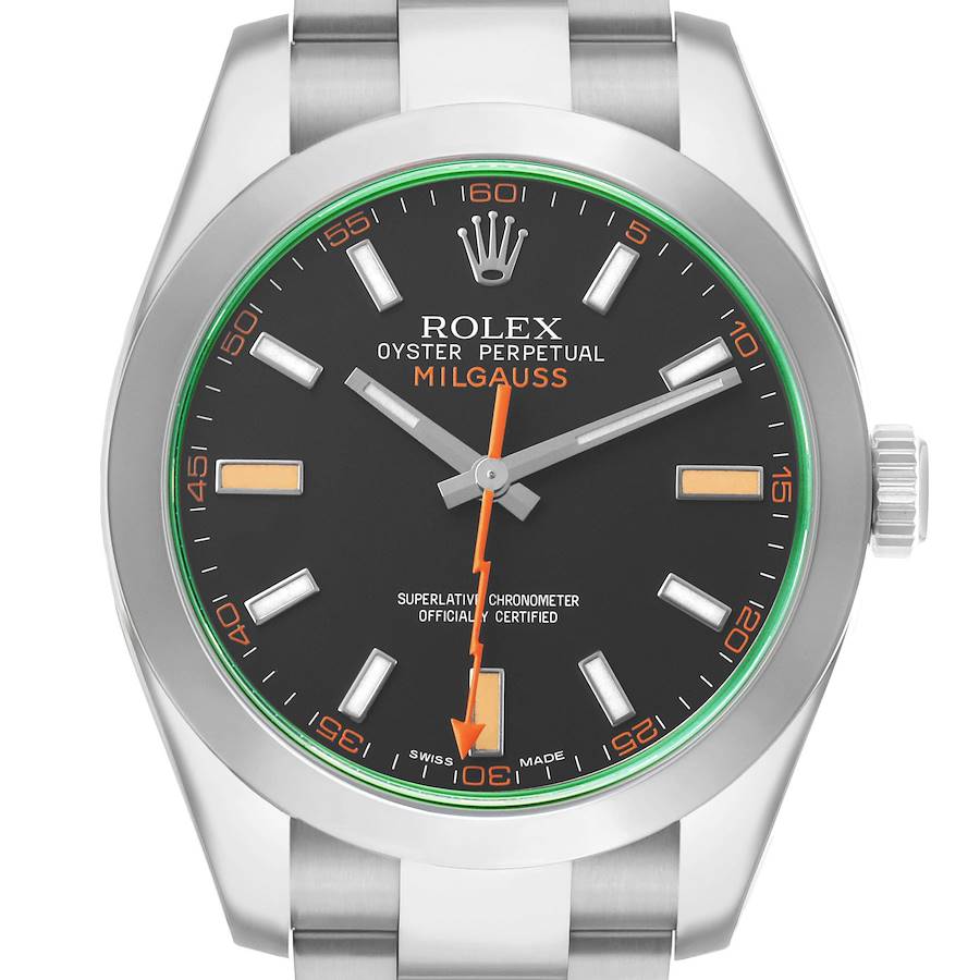 The Rolex Milgauss 116400GV Men's Stainless Steel Black Dial watch is shown from a front view, highlighting the dial, hands, bezel, and part of the bracelet.