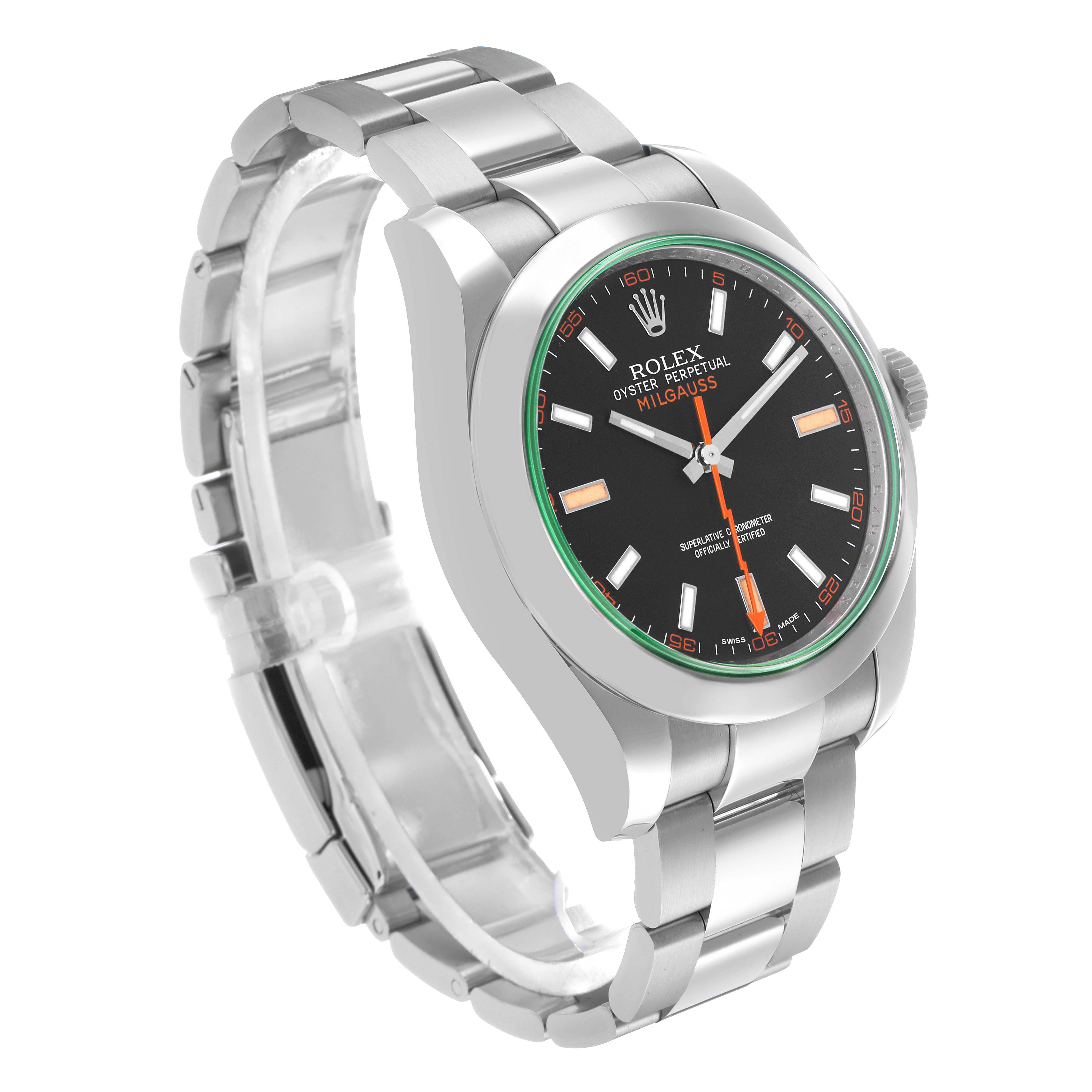 The Rolex Milgauss 116400GV Men's Stainless Steel Black Dial watch is shown at a three-quarter angle, highlighting the bracelet, dial, and side.