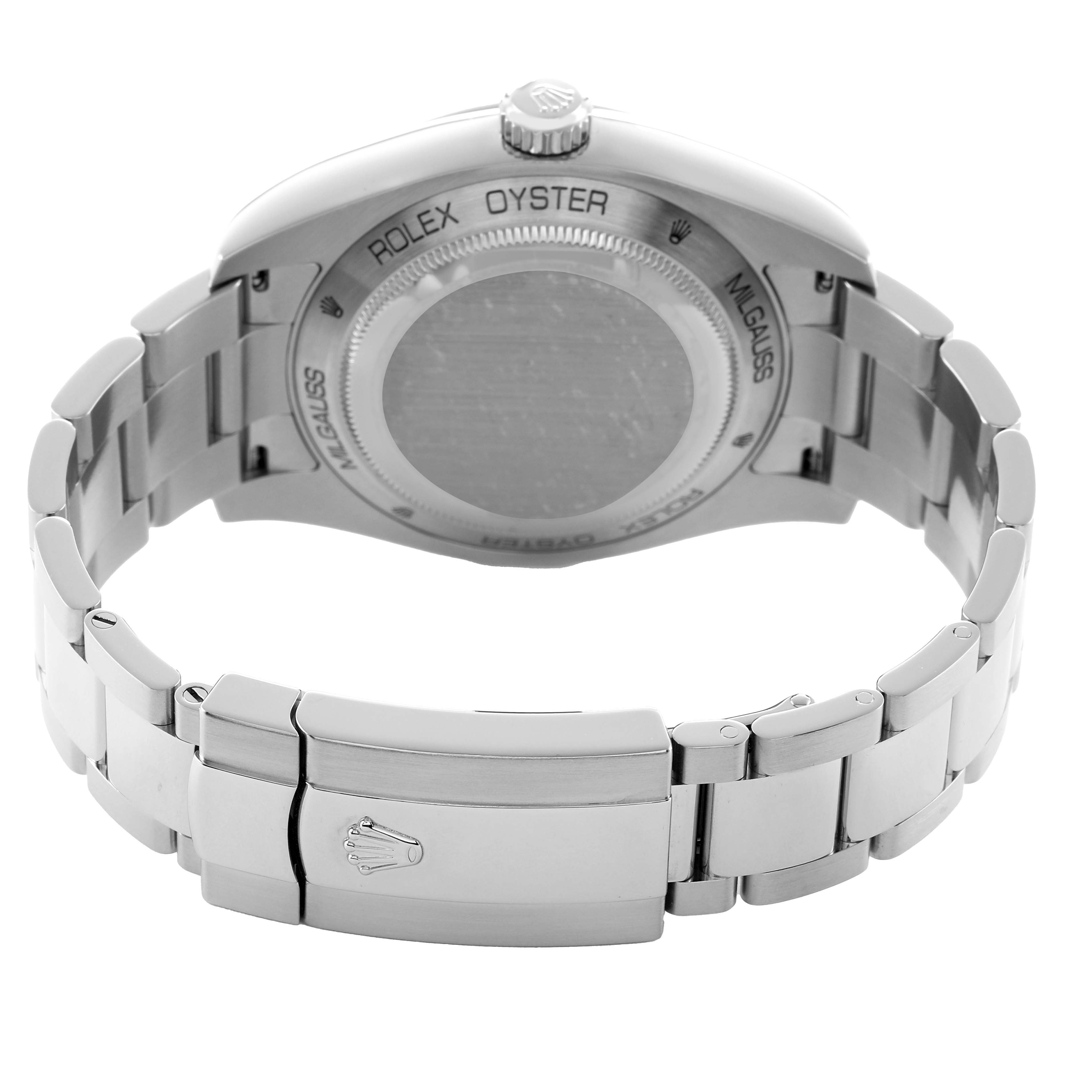 The image shows the back and clasp of a Rolex Milgauss 116400GV Men's Stainless Steel Black Dial, highlighting the bracelet and case back.