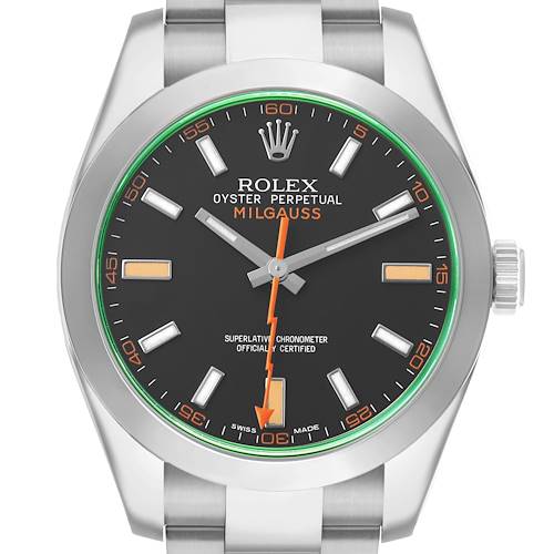 The Rolex Milgauss 116400GV Men's Stainless Steel Black Dial watch is shown from a front angle, highlighting the dial, hands, and part of the bracelet.