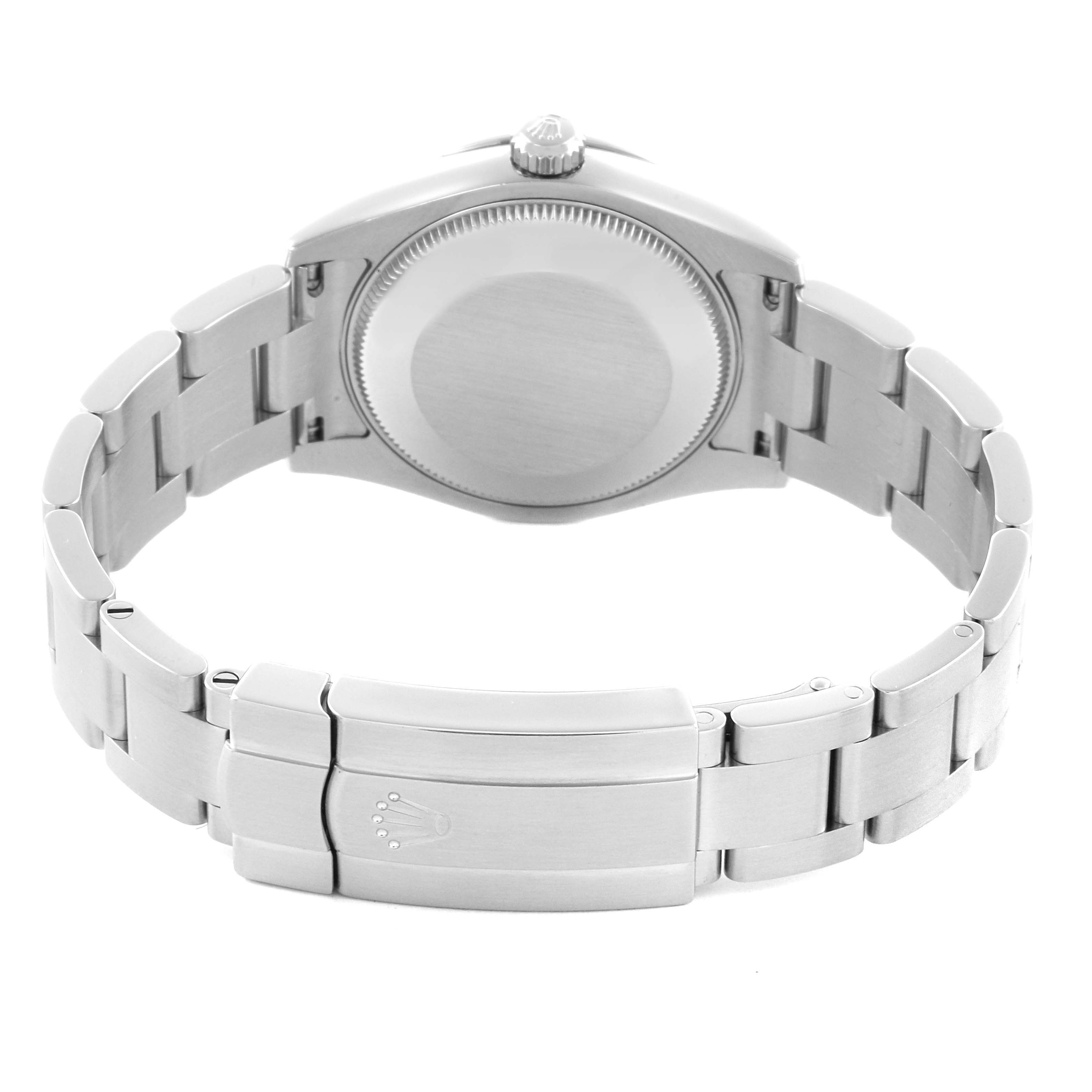 The image shows the back case and bracelet clasp of the Rolex Mid-Size 177200 Women's Stainless Steel Black Dial 177200 Women's Stainless Steel Black Dial watch.