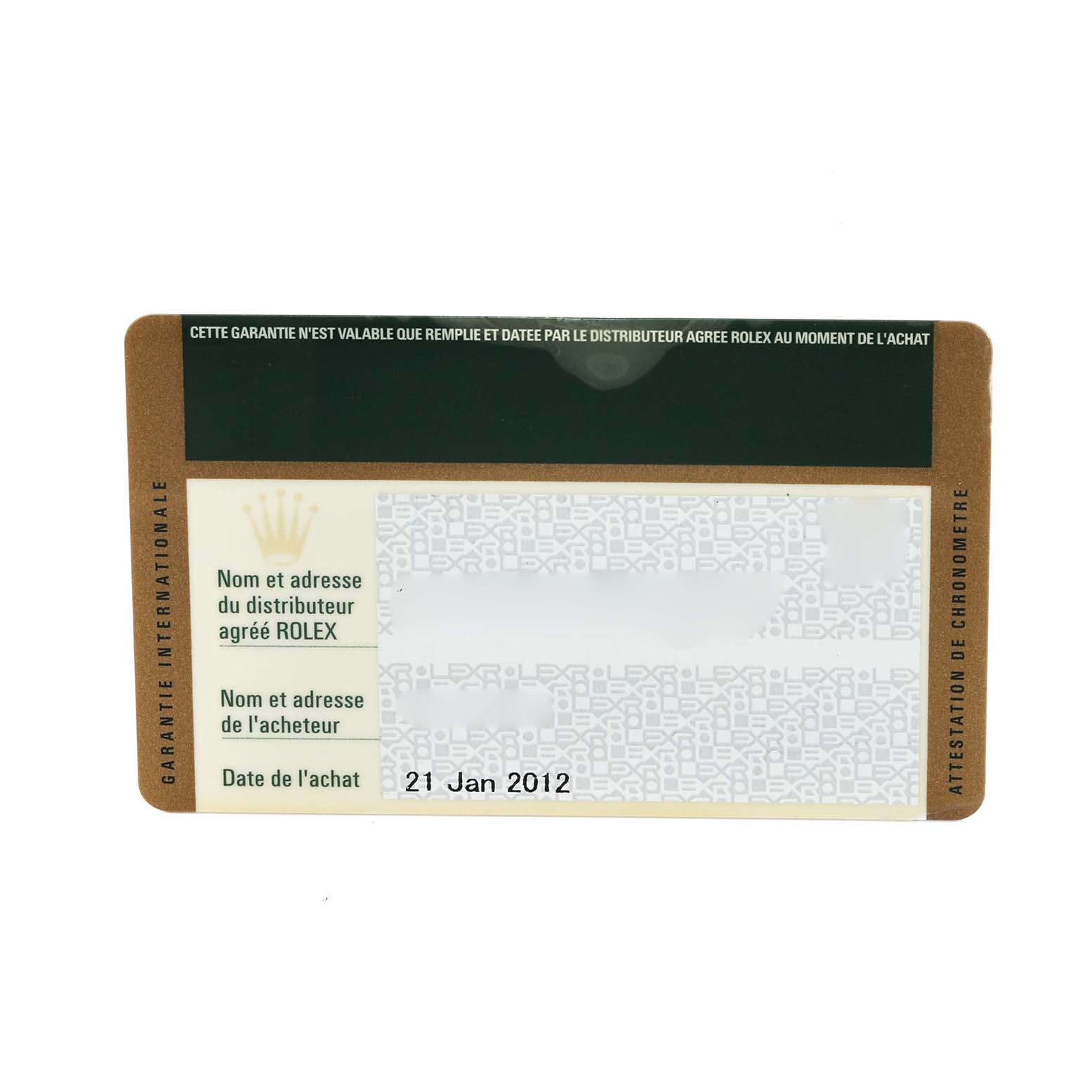 The image shows the warranty card for a Rolex Mid-Size 177200 Women's Stainless Steel Black Dial 177200 Women's Stainless Steel Black Dial watch, highlighting purchase details.