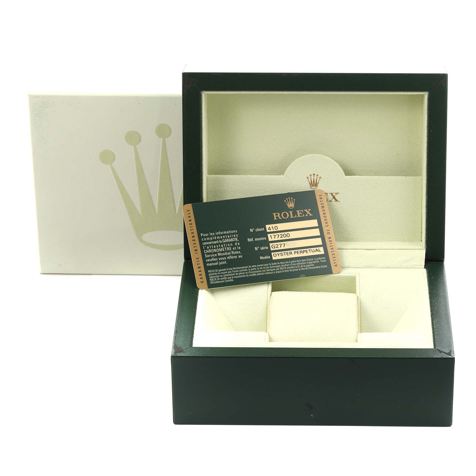 The image shows an empty Rolex Mid-Size 177200 Women's Stainless Steel Black Dial 177200 Women's Stainless Steel Black Dial watch box and a warranty card, viewed from the front angle.