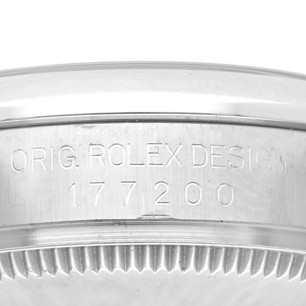 The image shows a close-up side view of a Rolex Mid-Size 177200 Women's Stainless Steel Black Dial 177200 Women's Stainless Steel Black Dial watch case with the model number 177200 engraved.