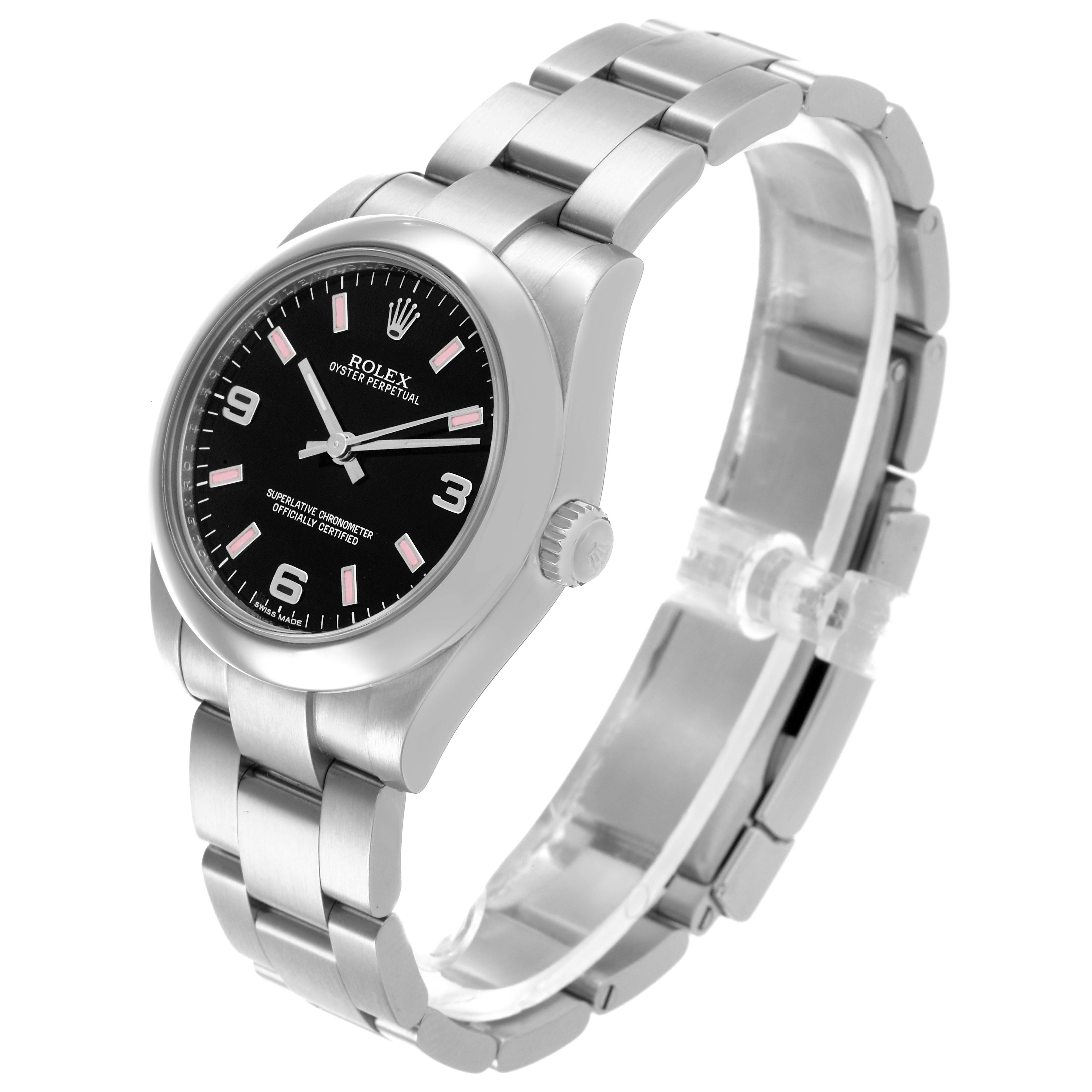 The Rolex Mid-Size 177200 Women's Stainless Steel Black Dial 177200 Women's Stainless Steel Black Dial watch is shown at a three-quarter angle, displaying the face, case, crown, and stainless steel bracelet.